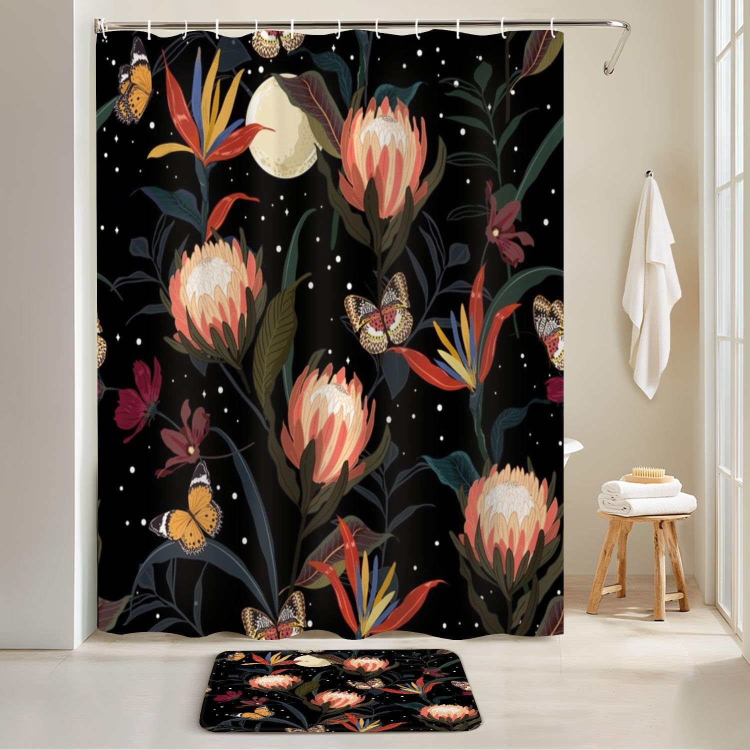 4 Piece Shower Curtain Set with Rugs and Night Stars Pattern