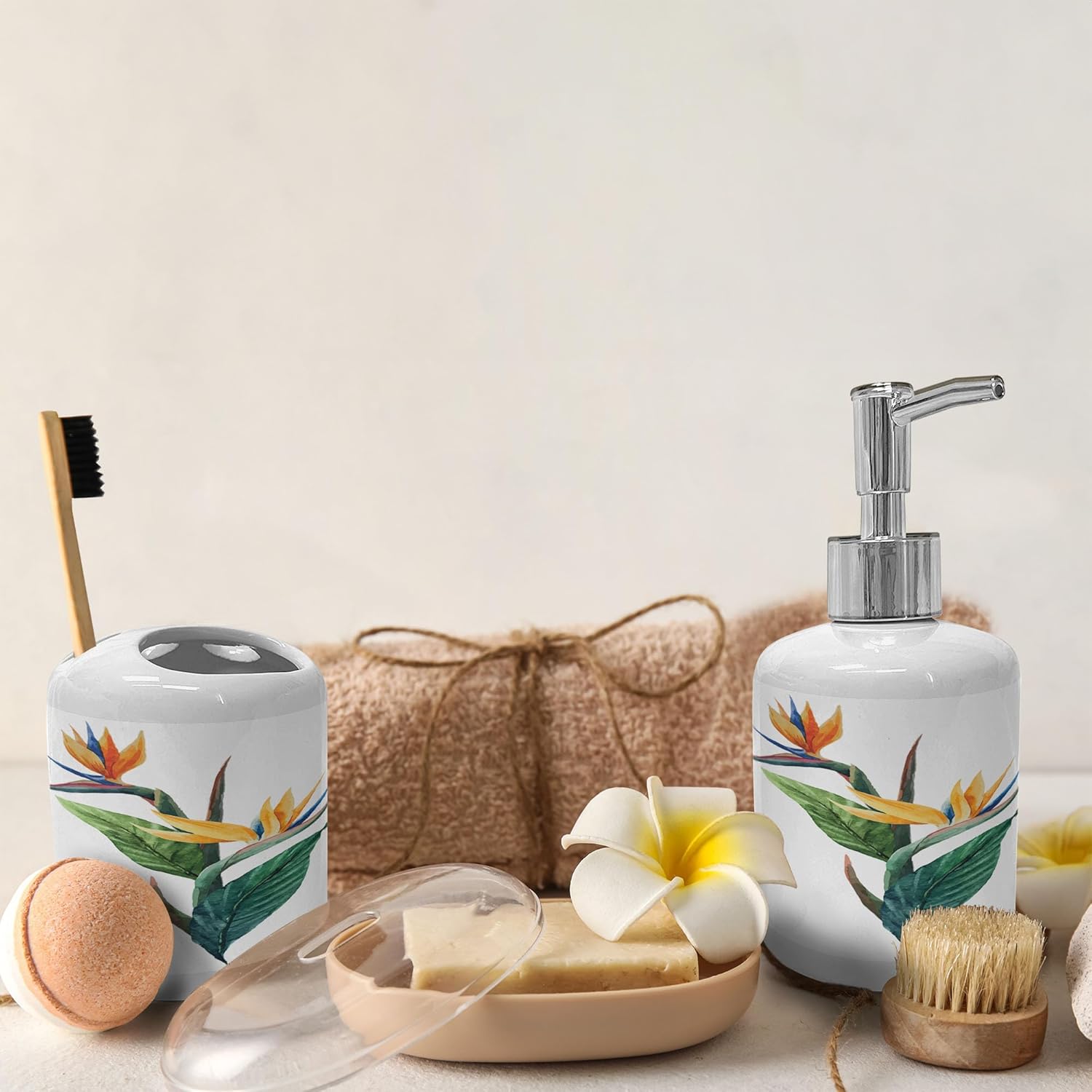 Ambesonne Tropical Soap Toothbrush Holder Set Ceramic