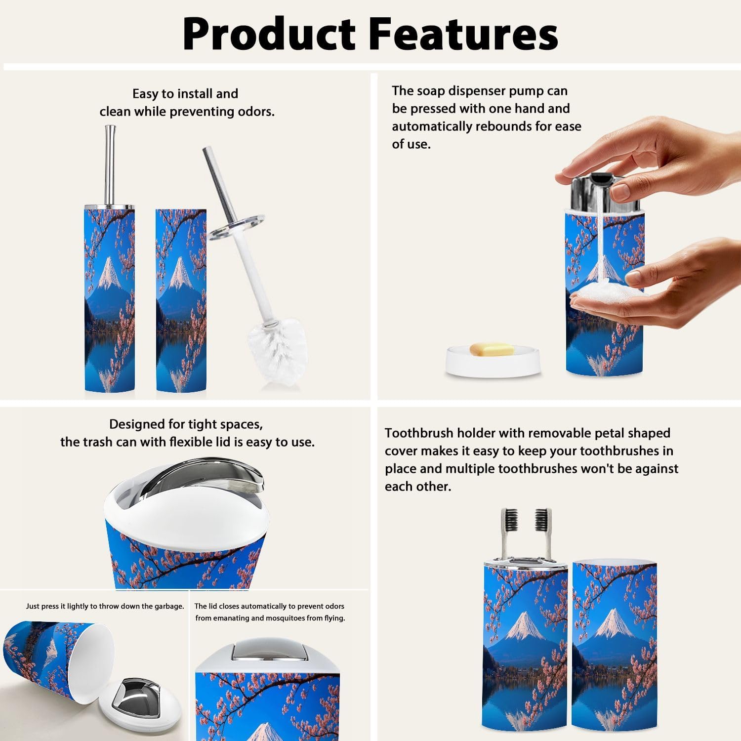 TRANQDEHOM Bathroom Accessory Set 6 Piece Boho Cherry Blossoms