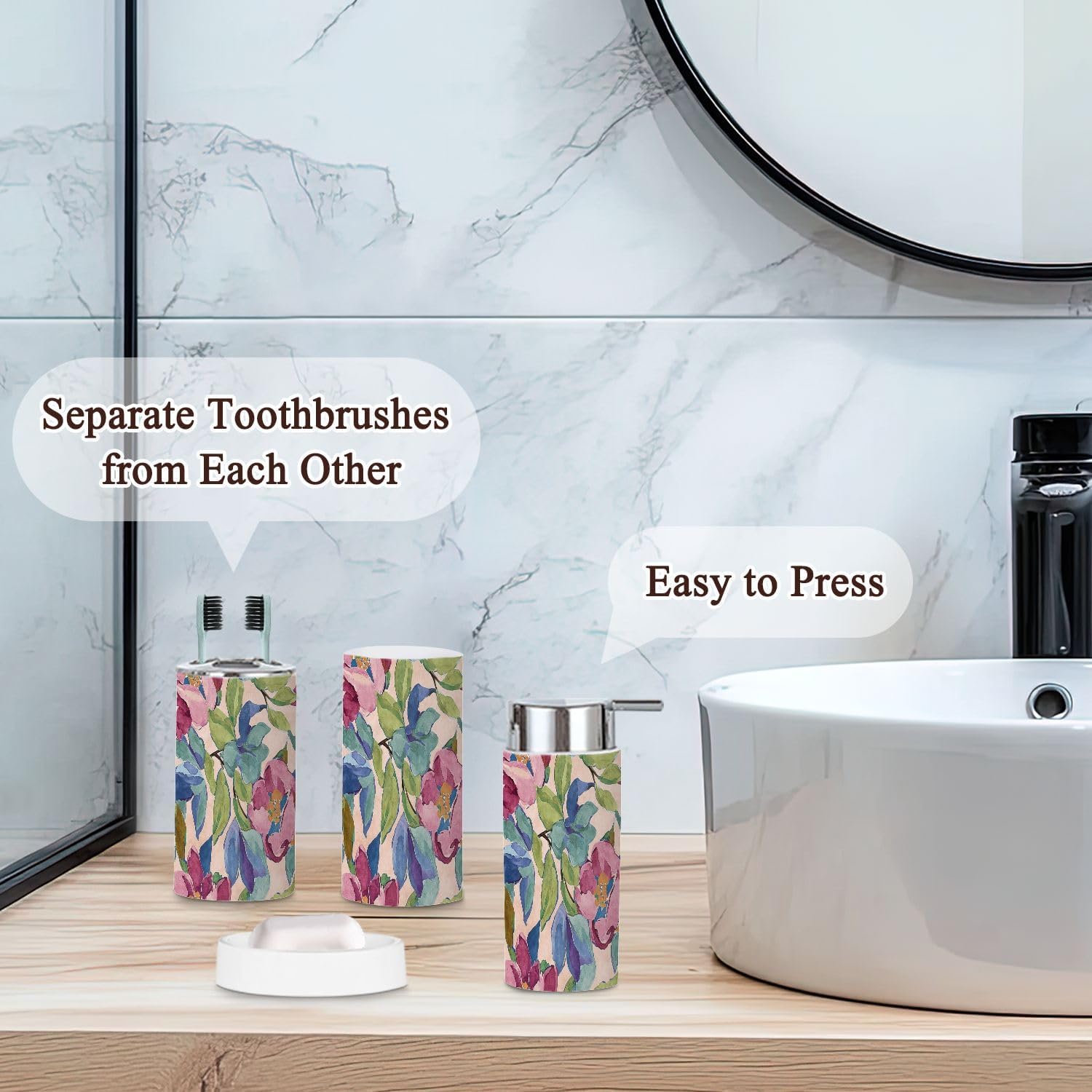 6-Piece Boho Bathroom Accessories Set with Tropical Flowers