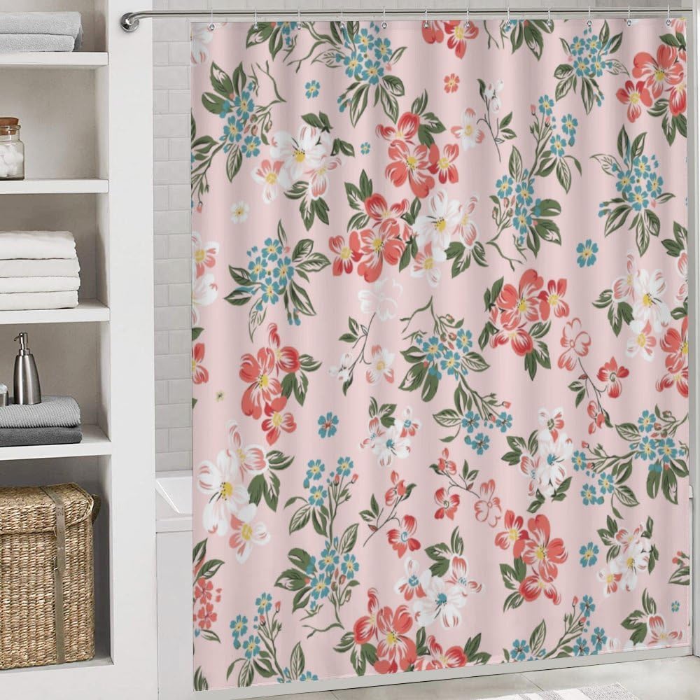 Kuizee 4-Piece Flower Pink Shower Curtain Set with Rugs and 12 Hooks