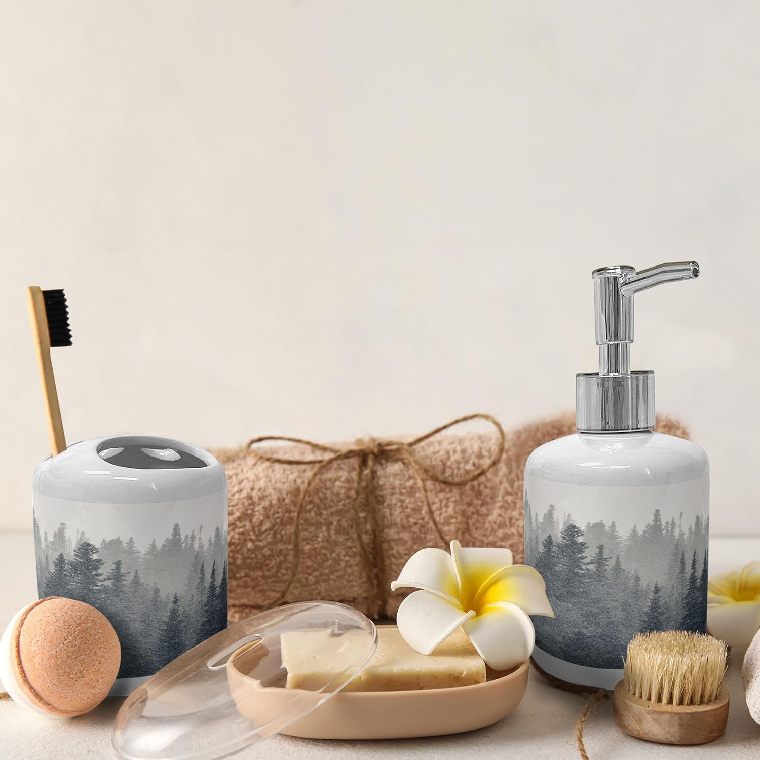 Ambesonne Dark Slate Blue Bathroom Set with Pine Trees Scene