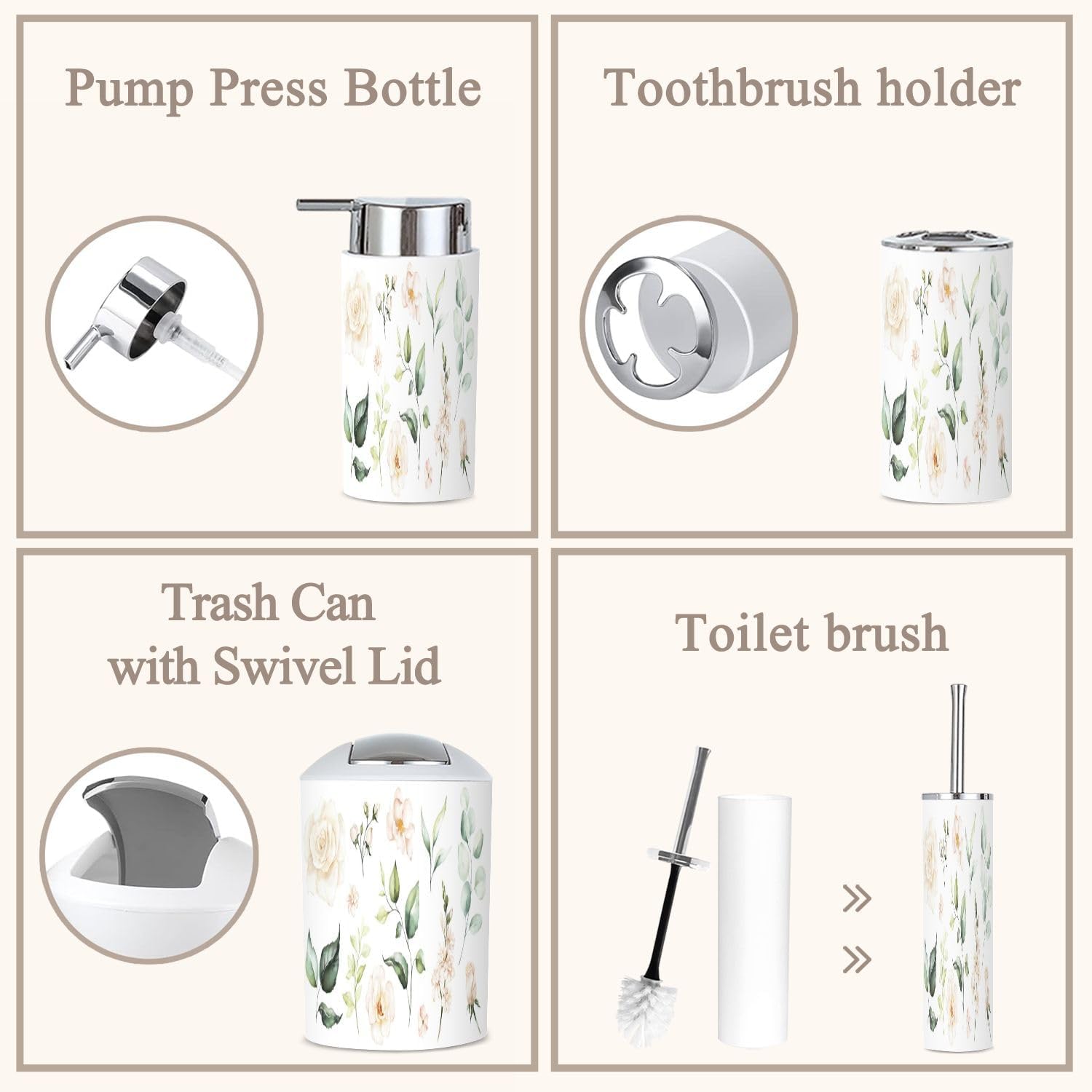 6 Piece Watercolour Floral Bathroom Accessories Set 1