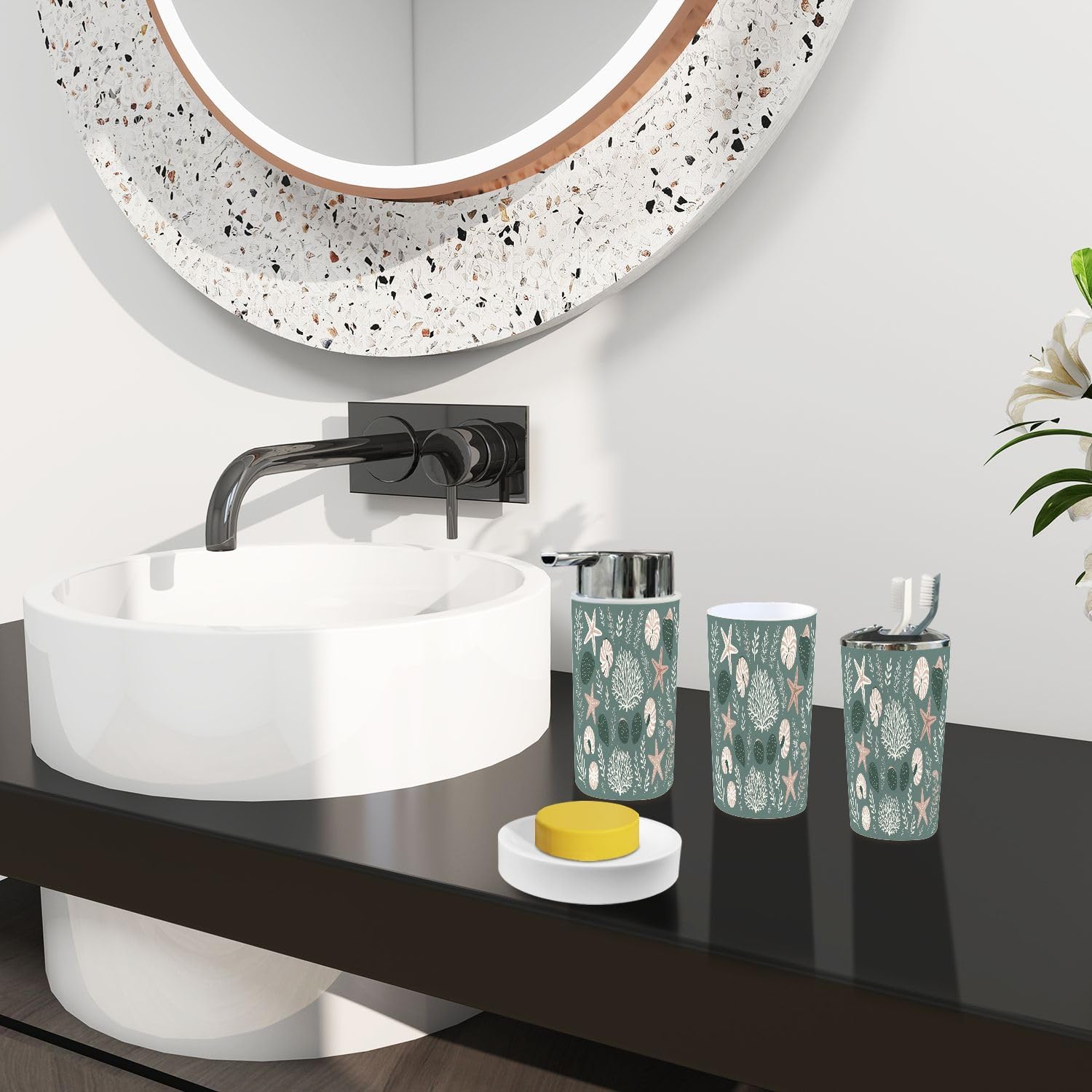 Boho Bathroom Accessory Set 6 Piece Modern Marine Life Design
