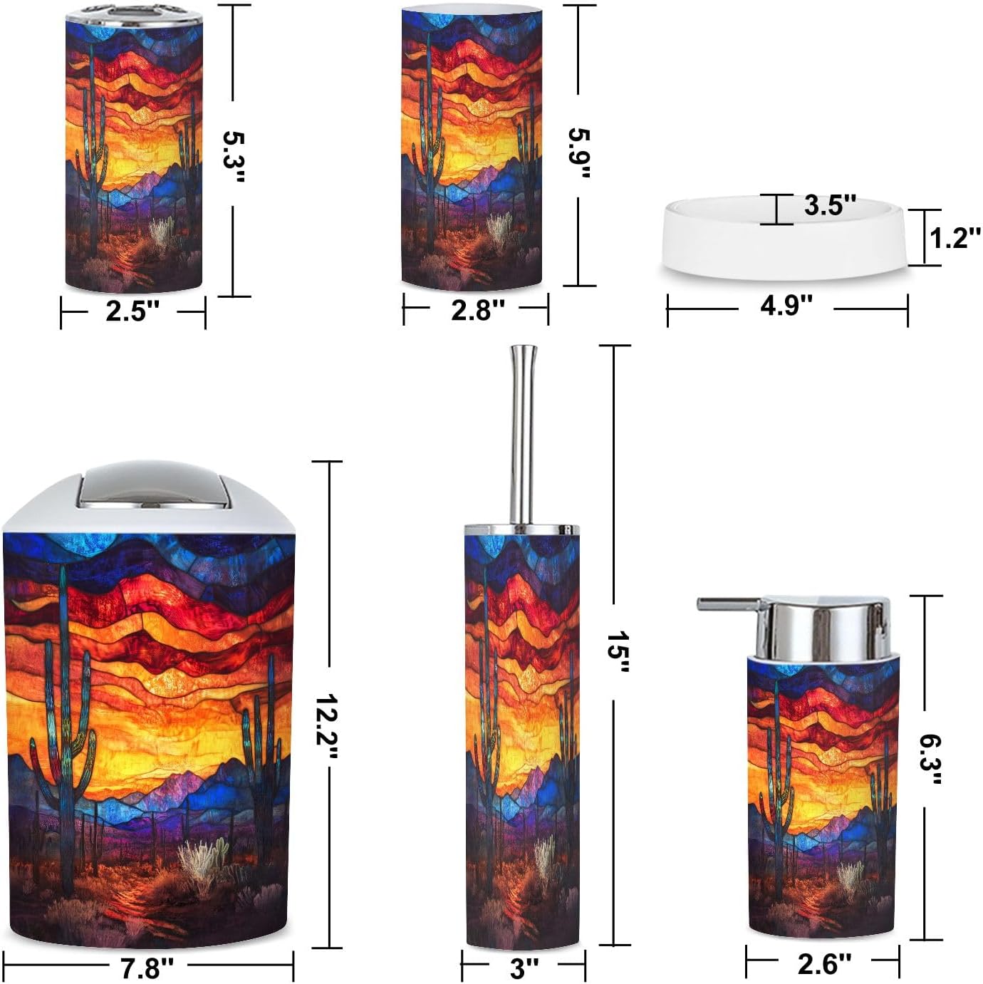 6 Piece Bathroom Accessories Set Mystical Desert Cactus Textured Stained Glass Art
