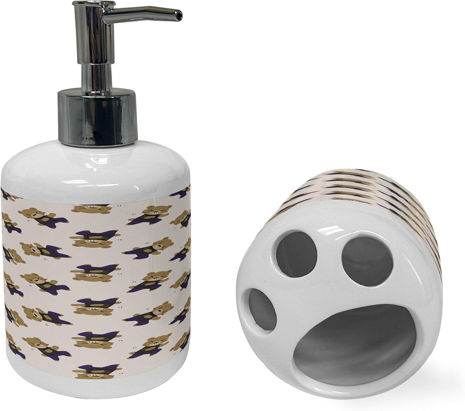 Ambesonne Dancing Bears Soap Dispenser Toothbrush Holder Set 2 Pcs