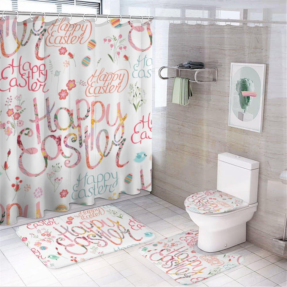 Kuizee 4-Piece Easter Shower Curtain Set with Non-Slip Rugs