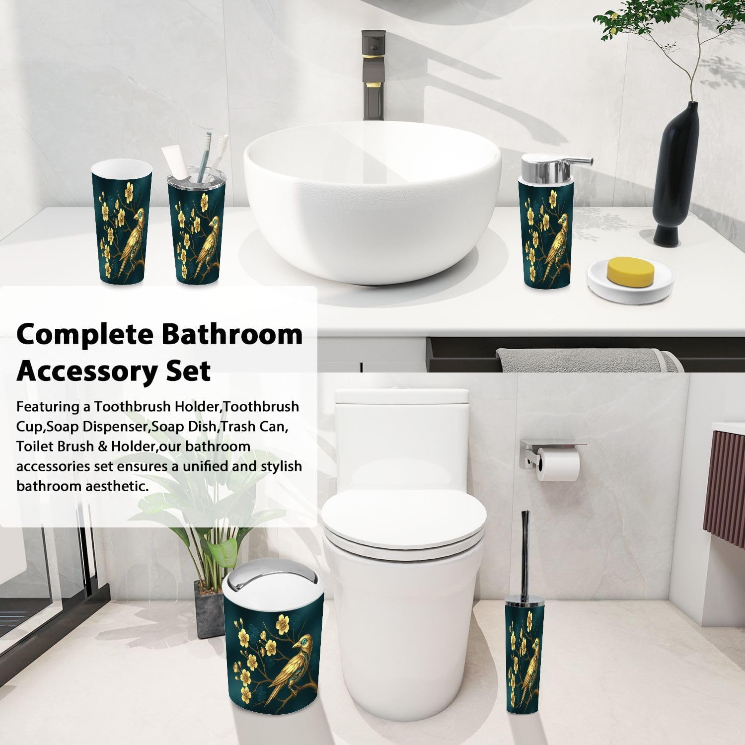 Boho Golden Bird Bathroom Accessory Set 6 Piece