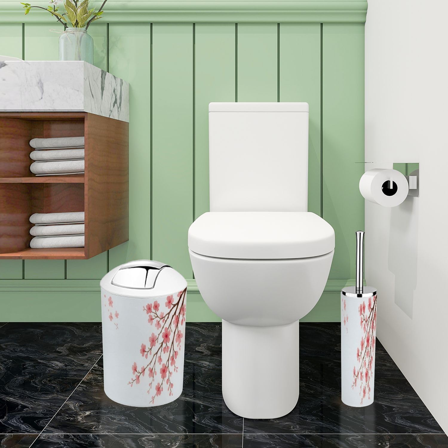 Boho Bathroom Accessory Set 6 Piece Cherry Blossom Design