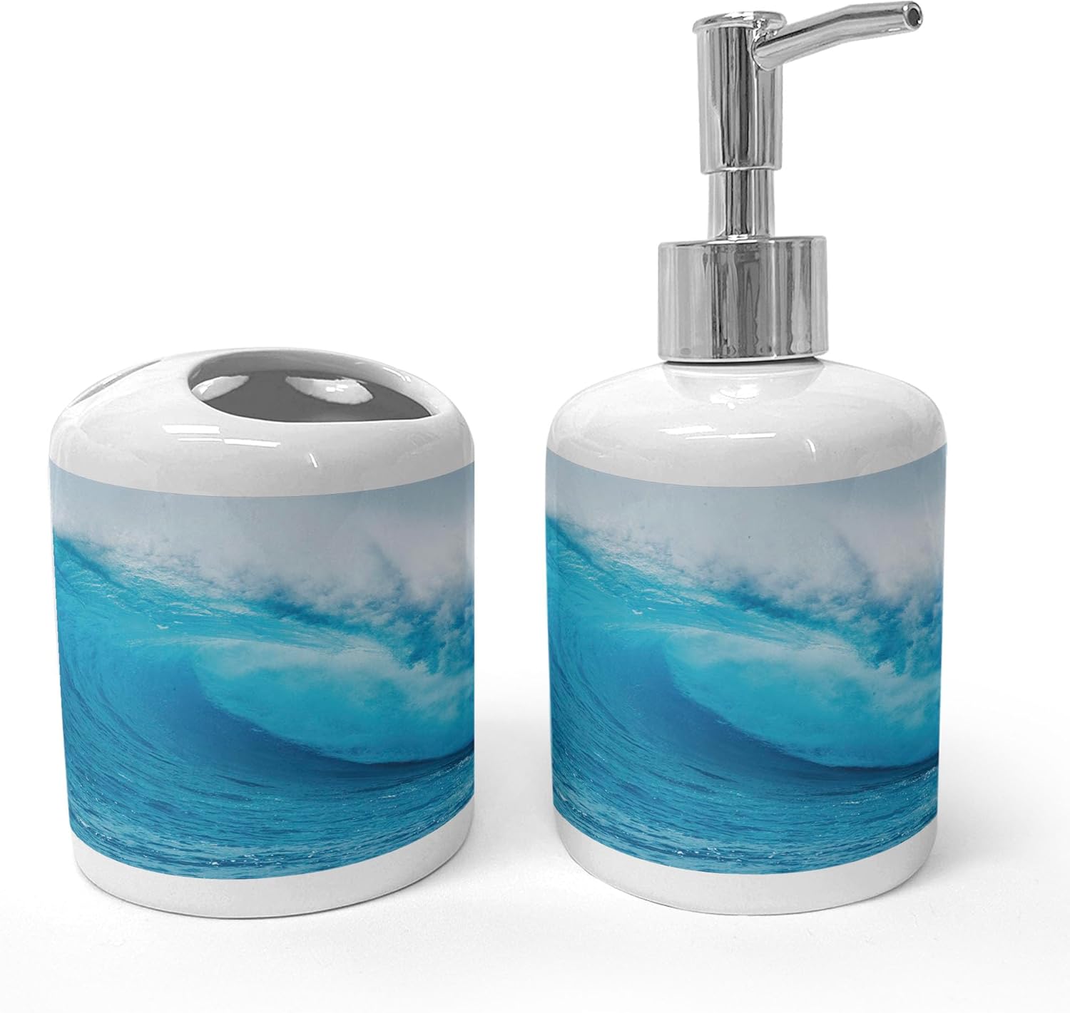 Ambesonne Ocean Soap Dispenser Toothbrush Holder Set 2 Pcs Aqua White
