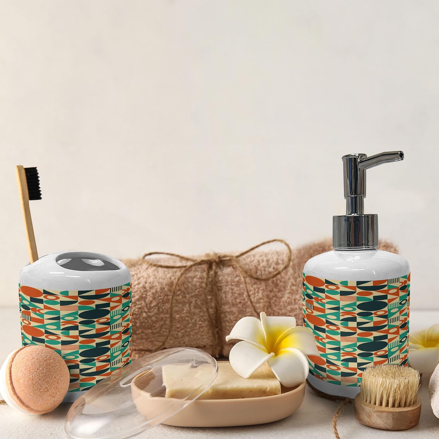 Ambesonne Geometric Soap Toothbrush Holder Set 2 Pcs Mid-Century Style