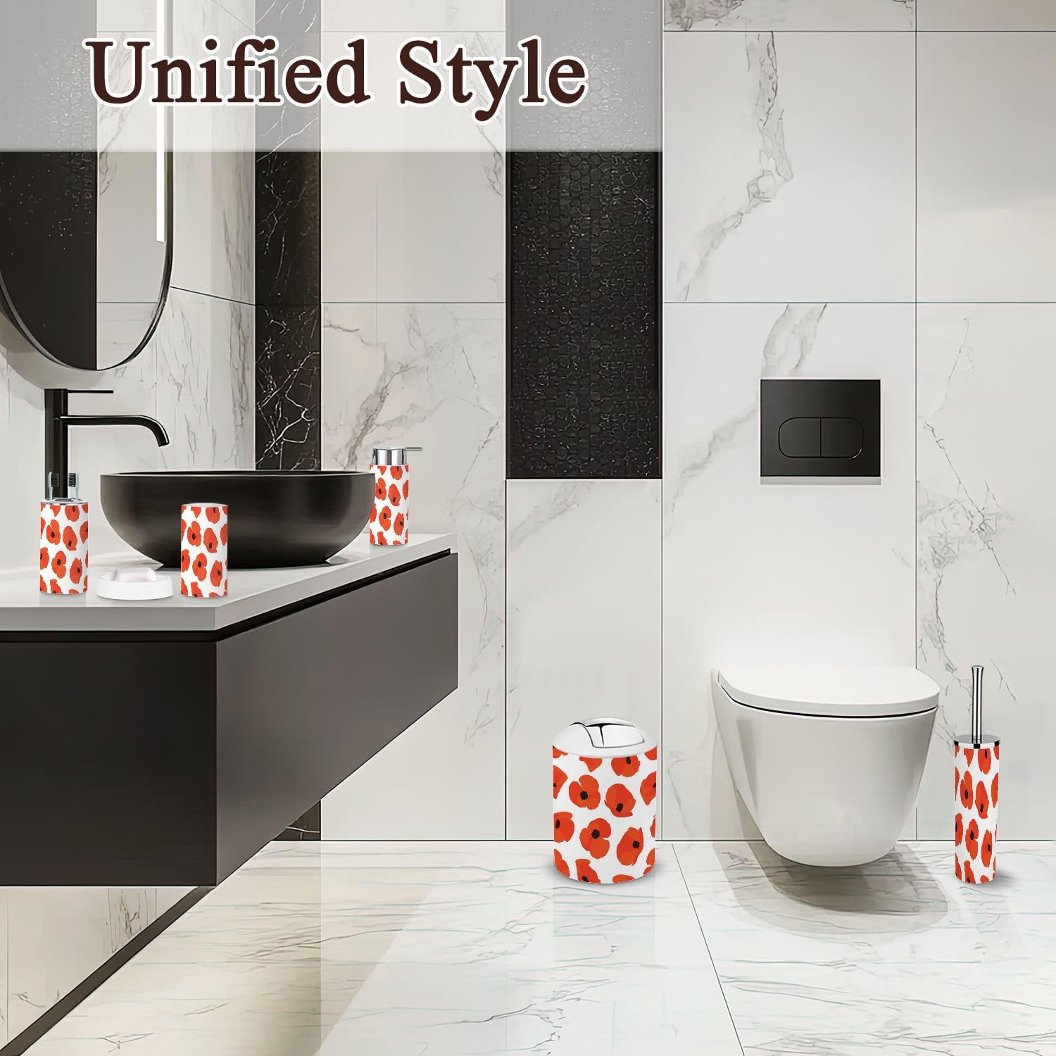 6 Piece Boho Bathroom Accessories Set with Flower Print