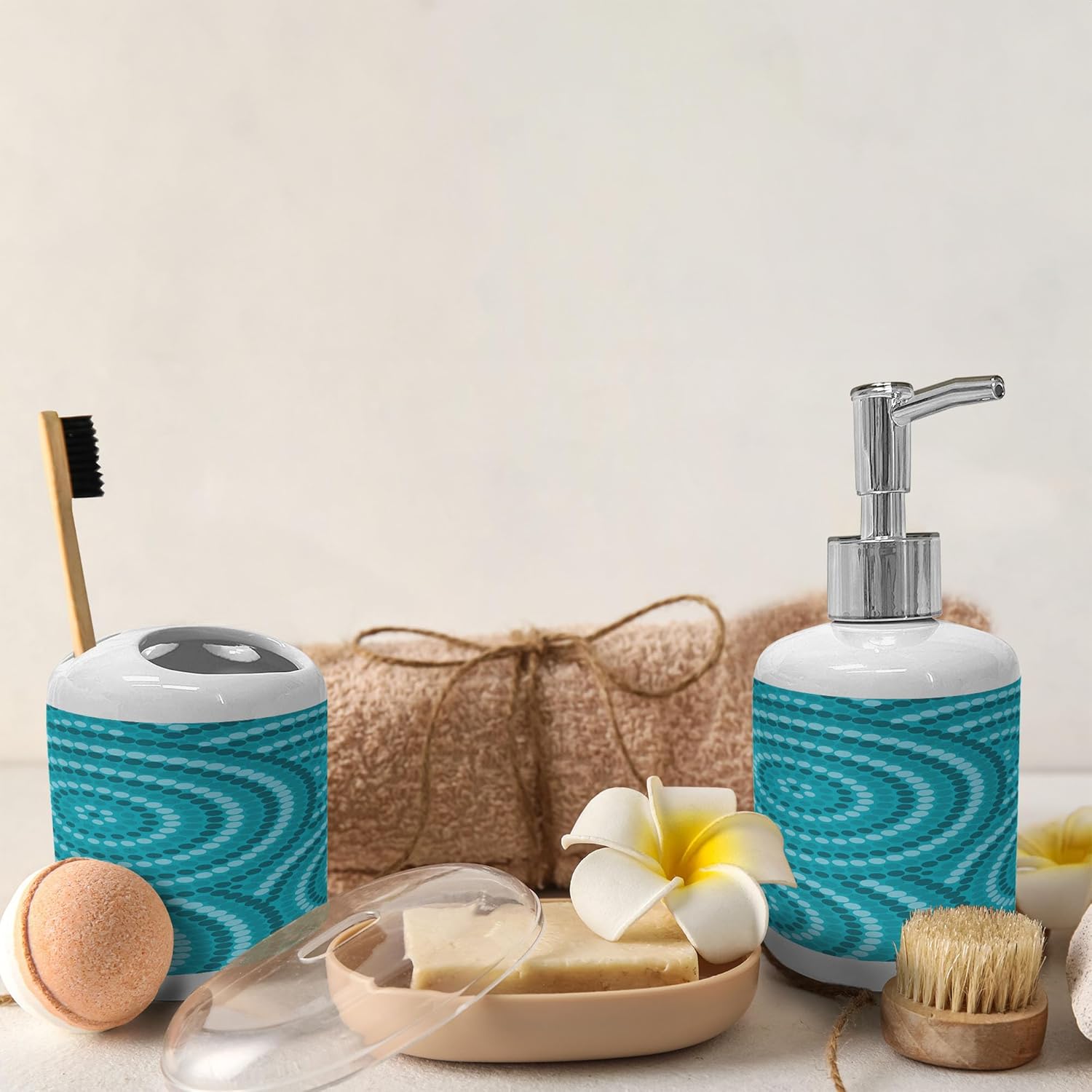 Ambesonne Teal Ceramic Soap Toothbrush Holder Set 2 Pcs