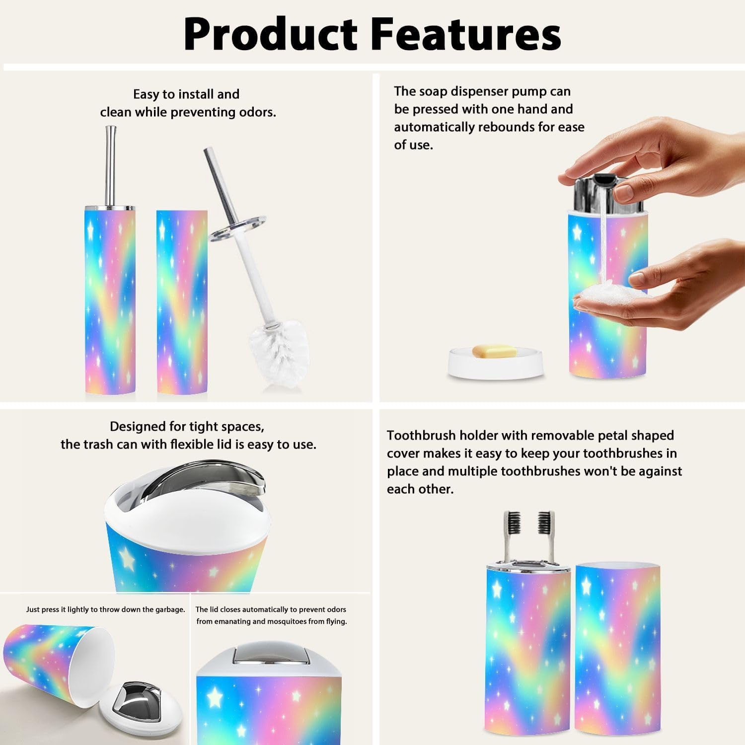 Boho Rainbow Glitter Stars Bathroom Accessories Set 6 Piece