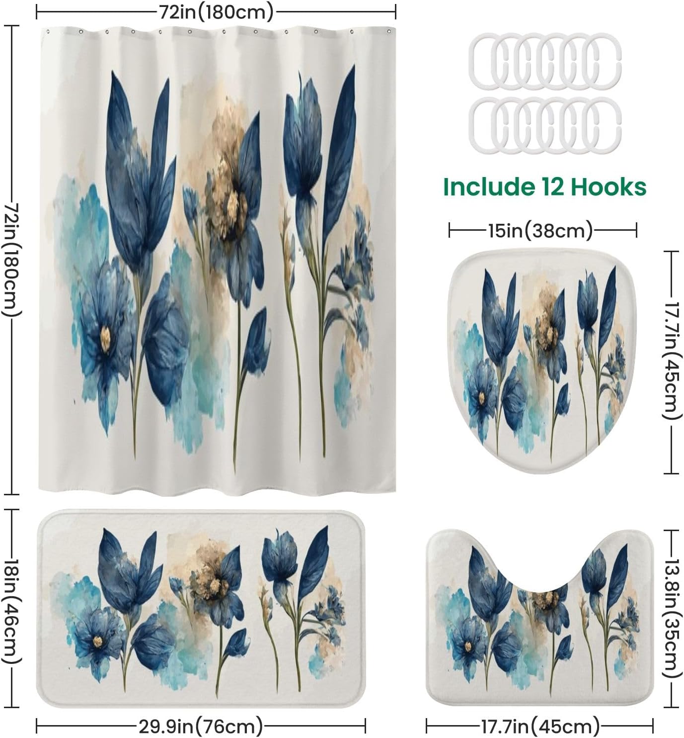 4 Piece Shower Curtain Set with Blue Flowers Design