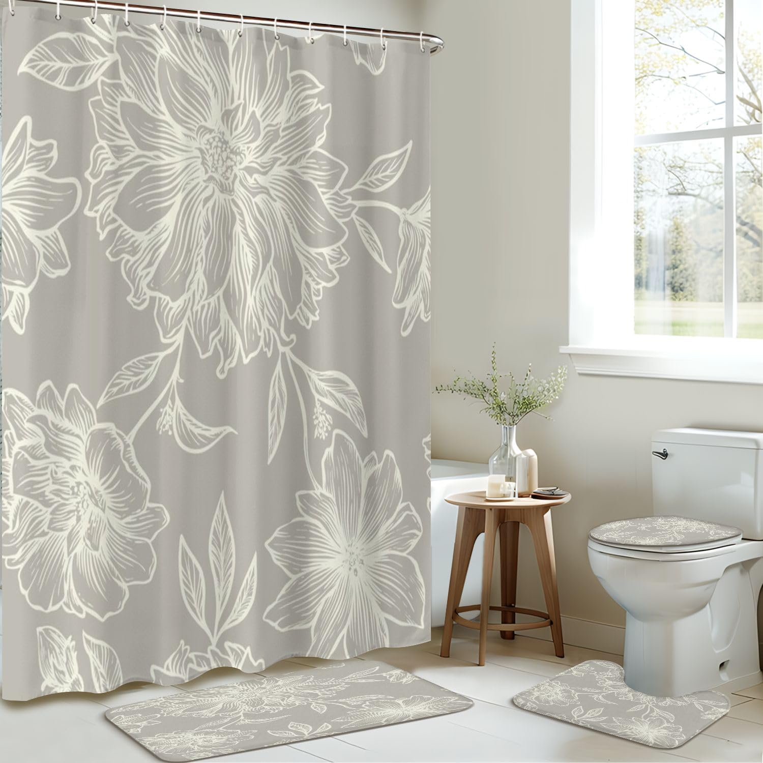 4 Piece Shower Curtain Set with Retro Floral Pattern