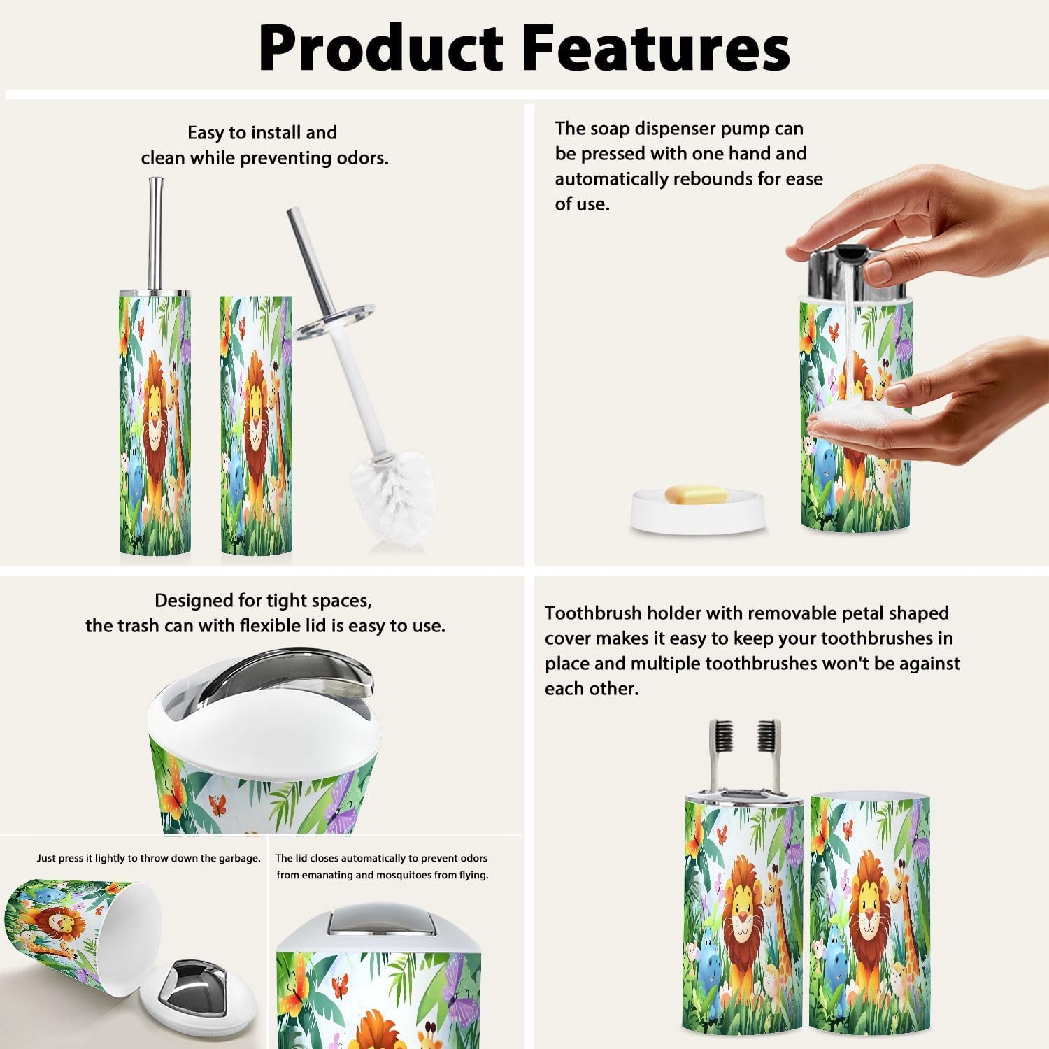 Bathroom Accessory Set 6 Piece for Kids Jungle Animals