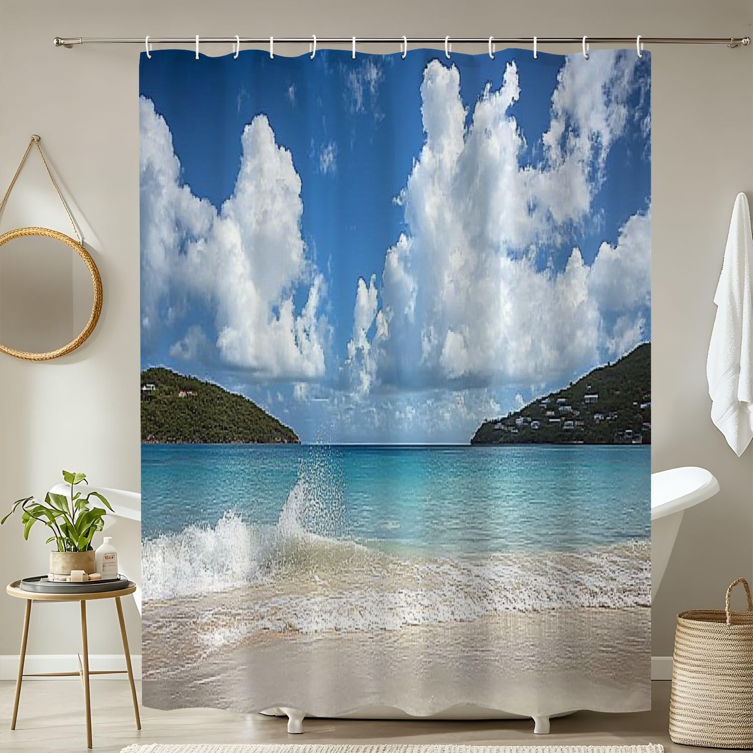 4 Piece Shower Curtain Set with Non-Slip Rugs and Cushions