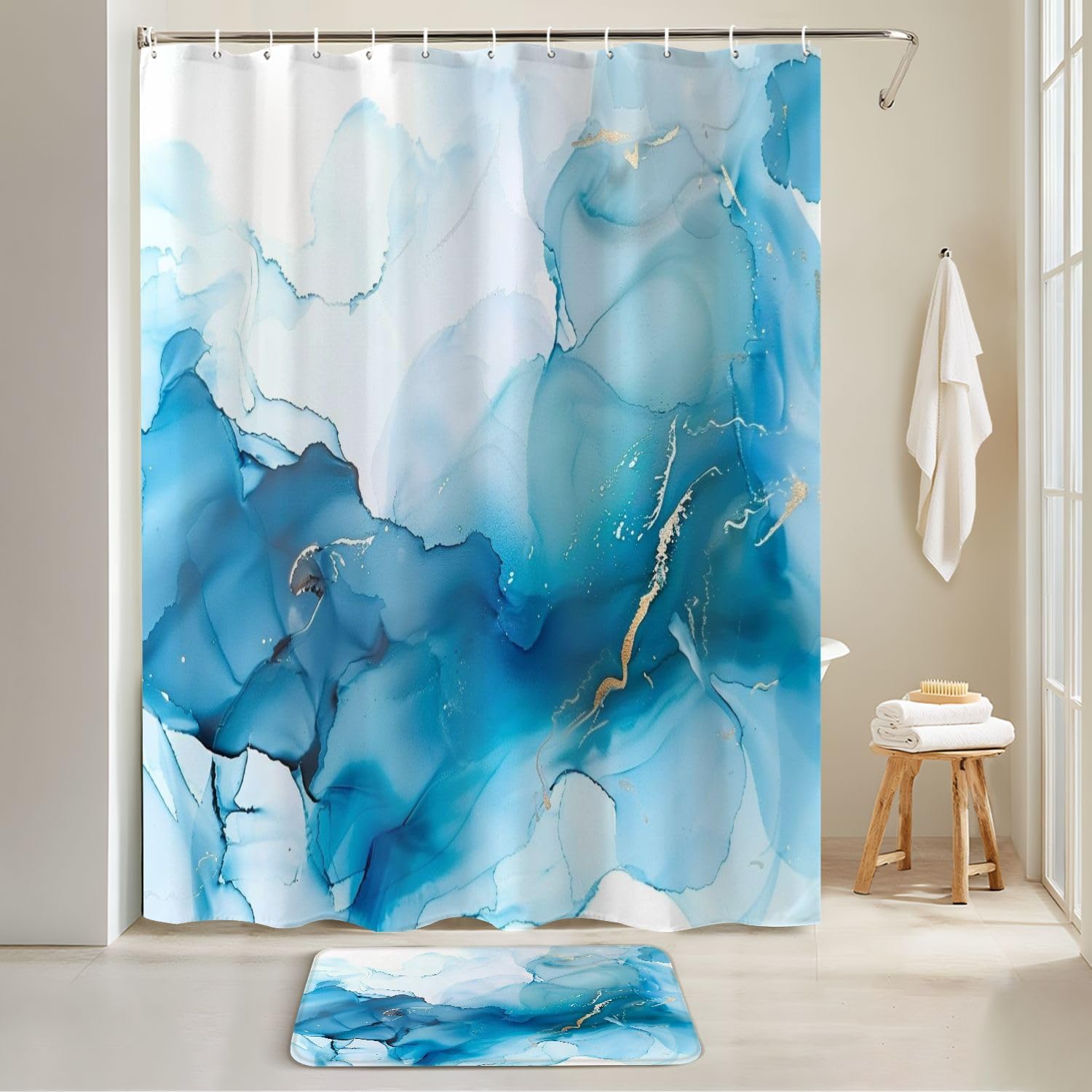 4-Piece Shower Curtain Set with Rugs and Mats Cyan Blue Pattern