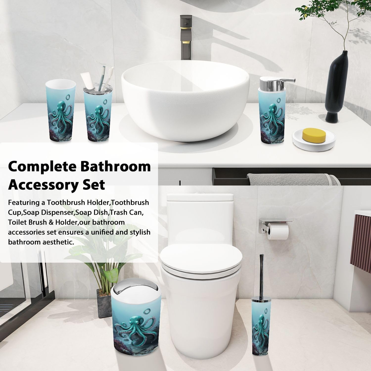 6 Piece Boho Ocean Scene Bathroom Accessory Set
