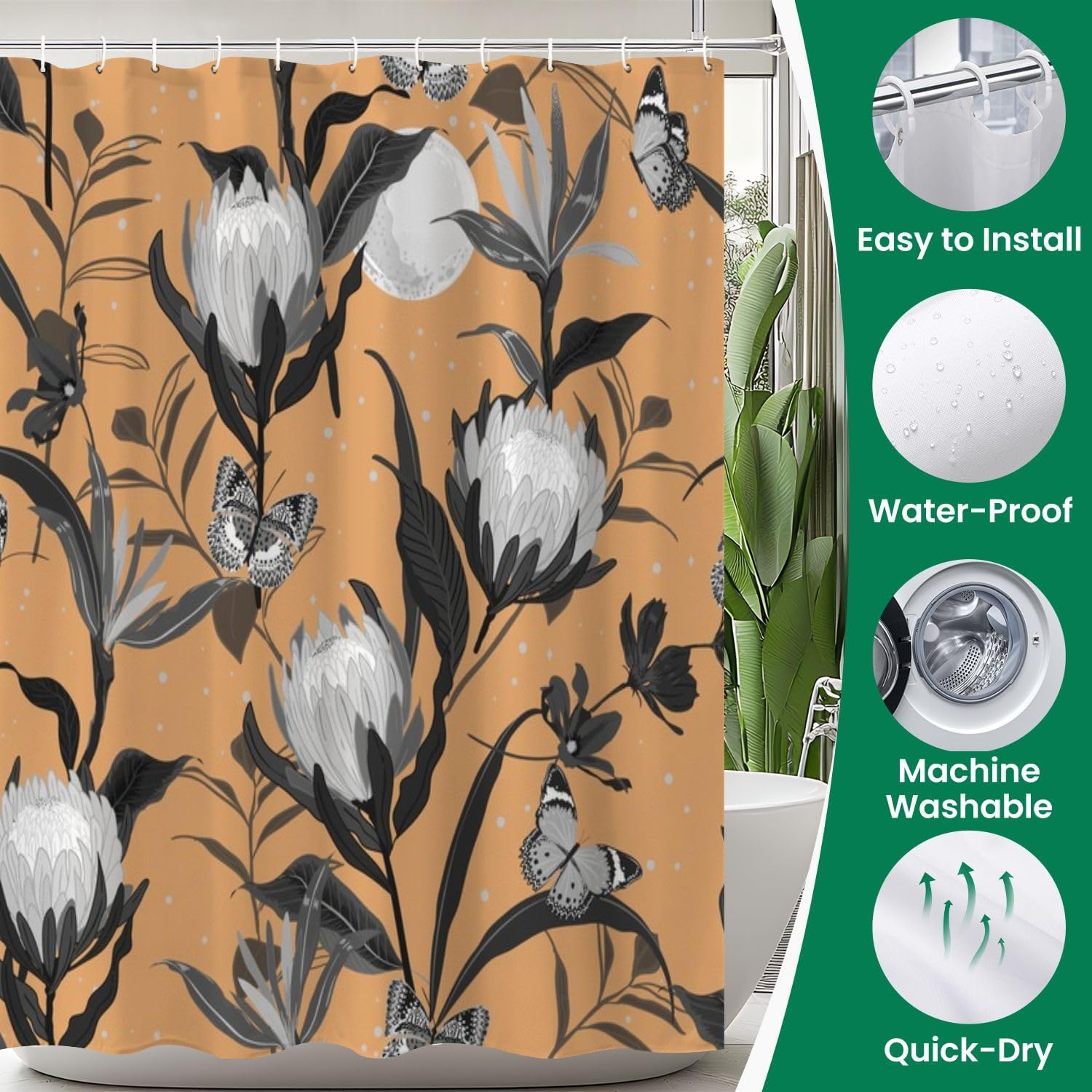 JCOOKLOFTS 4 Piece Shower Curtain Set Retro Black Grey with Night Stars