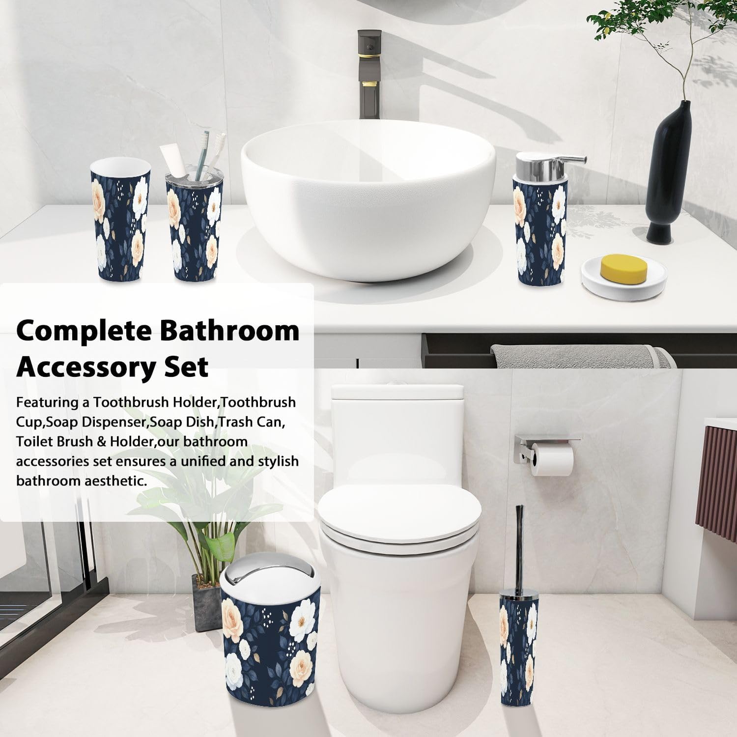 Boho Bathroom Accessory Set 6 Piece Blue Navy White