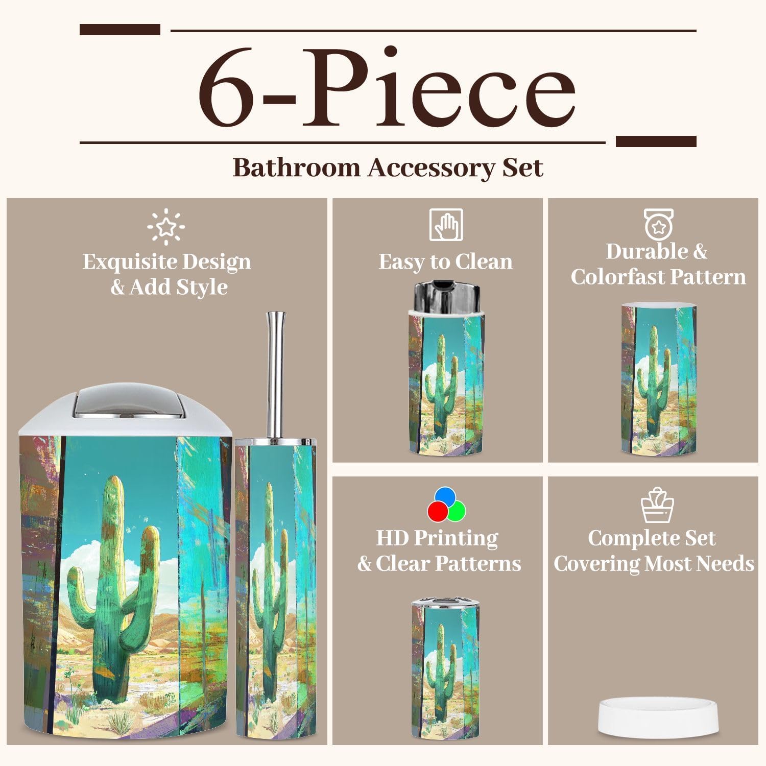 6-Piece Boho Bathroom Accessories Set with Cactus Design