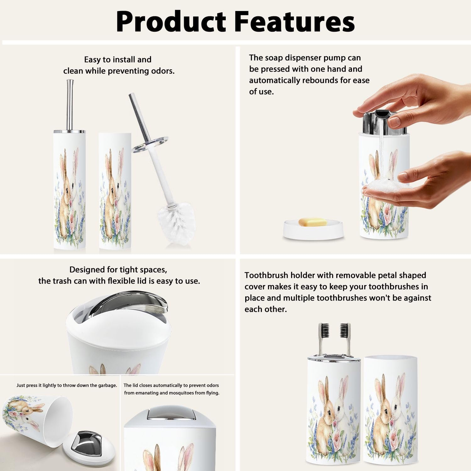 Boho Bathroom Accessory Set 6 Piece with Cute Bunnies and Flowers
