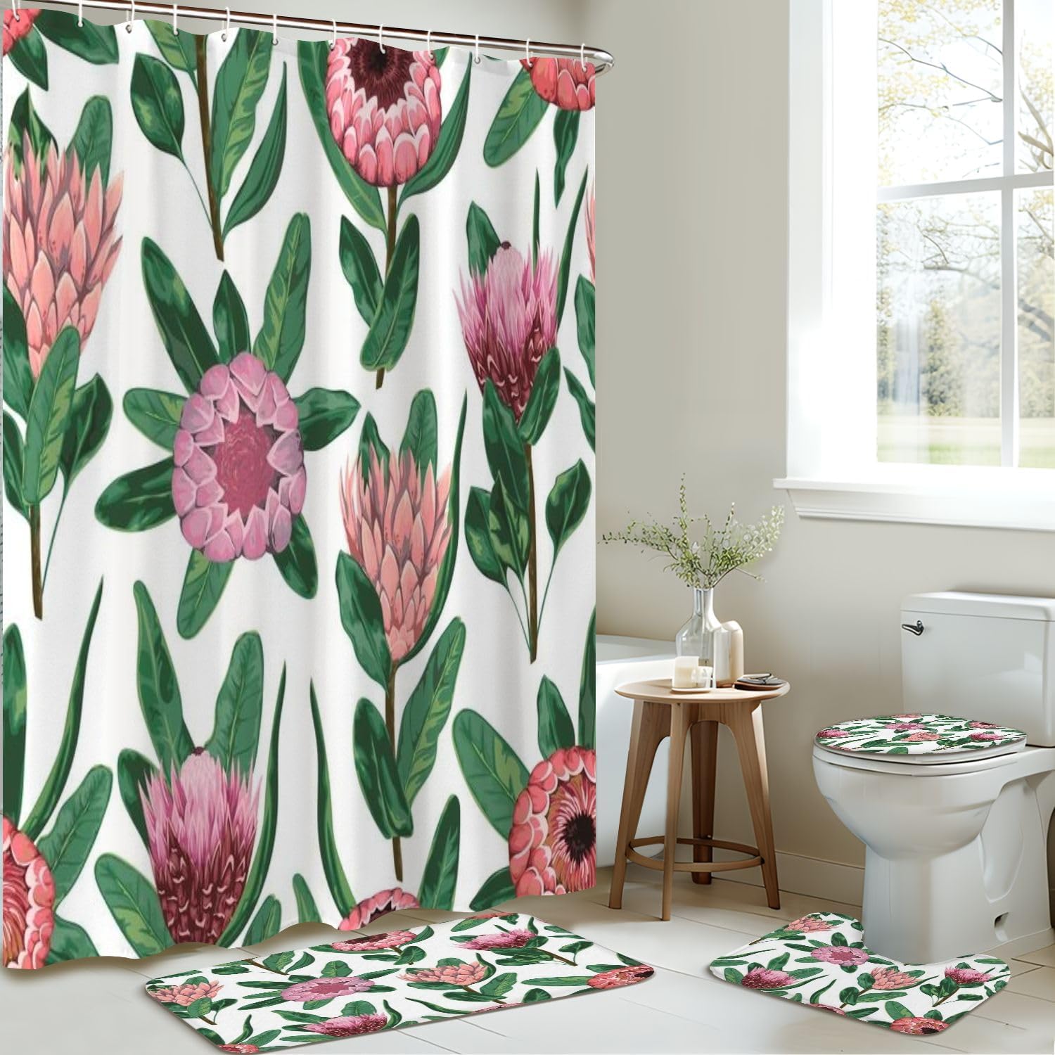 4 Piece Shower Curtain Set with Rugs and Decor