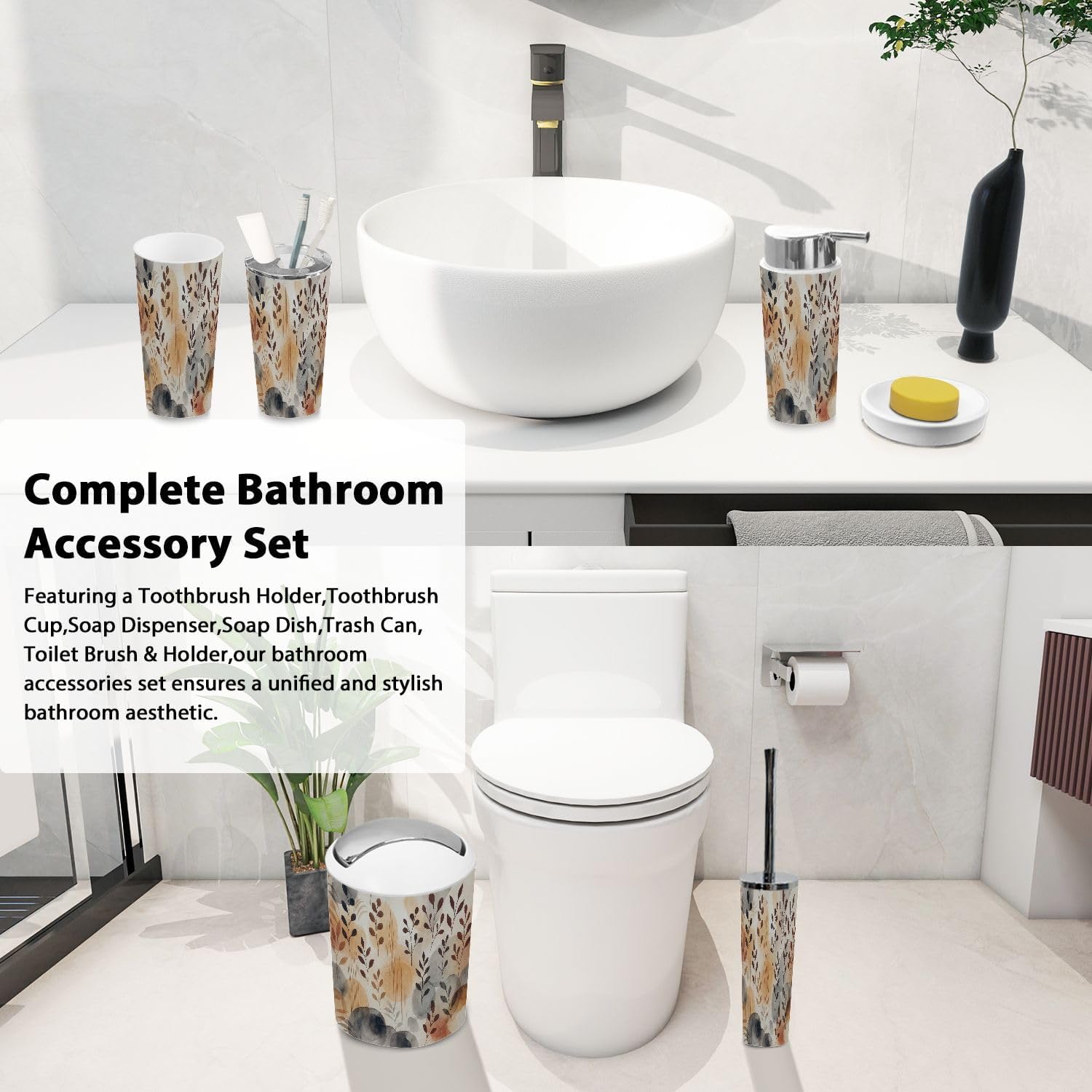 Boho Floral Bathroom Accessories Set 6 Piece 1
