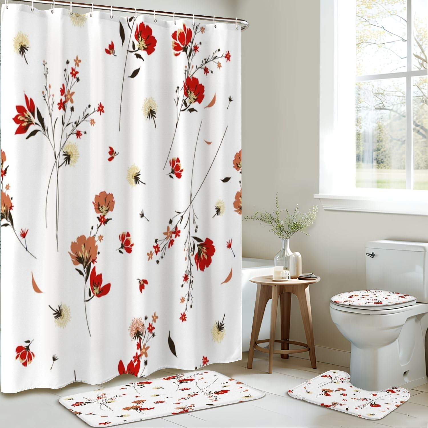 4-Piece Shower Curtain Set with Retro Wild Flowers Pattern