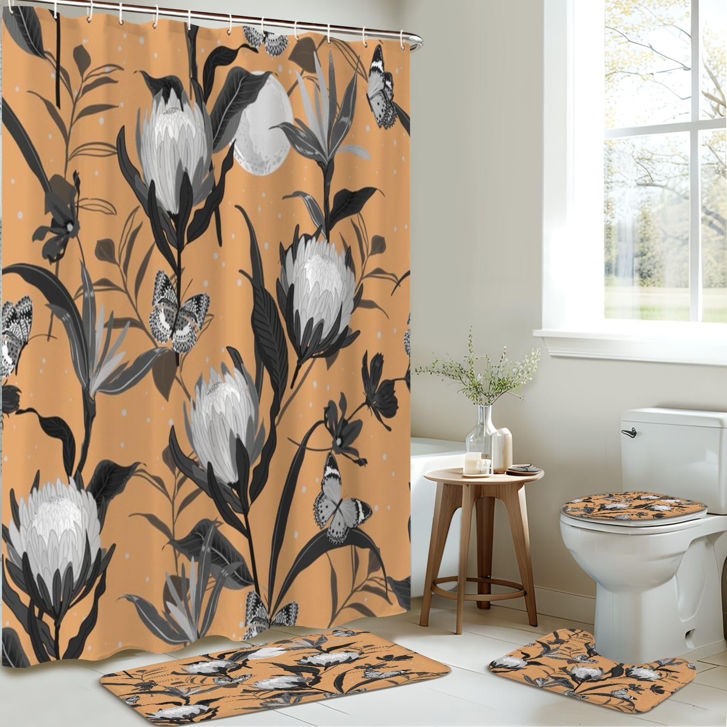 JCOOKLOFTS 4 Piece Shower Curtain Set Retro Black Grey with Night Stars