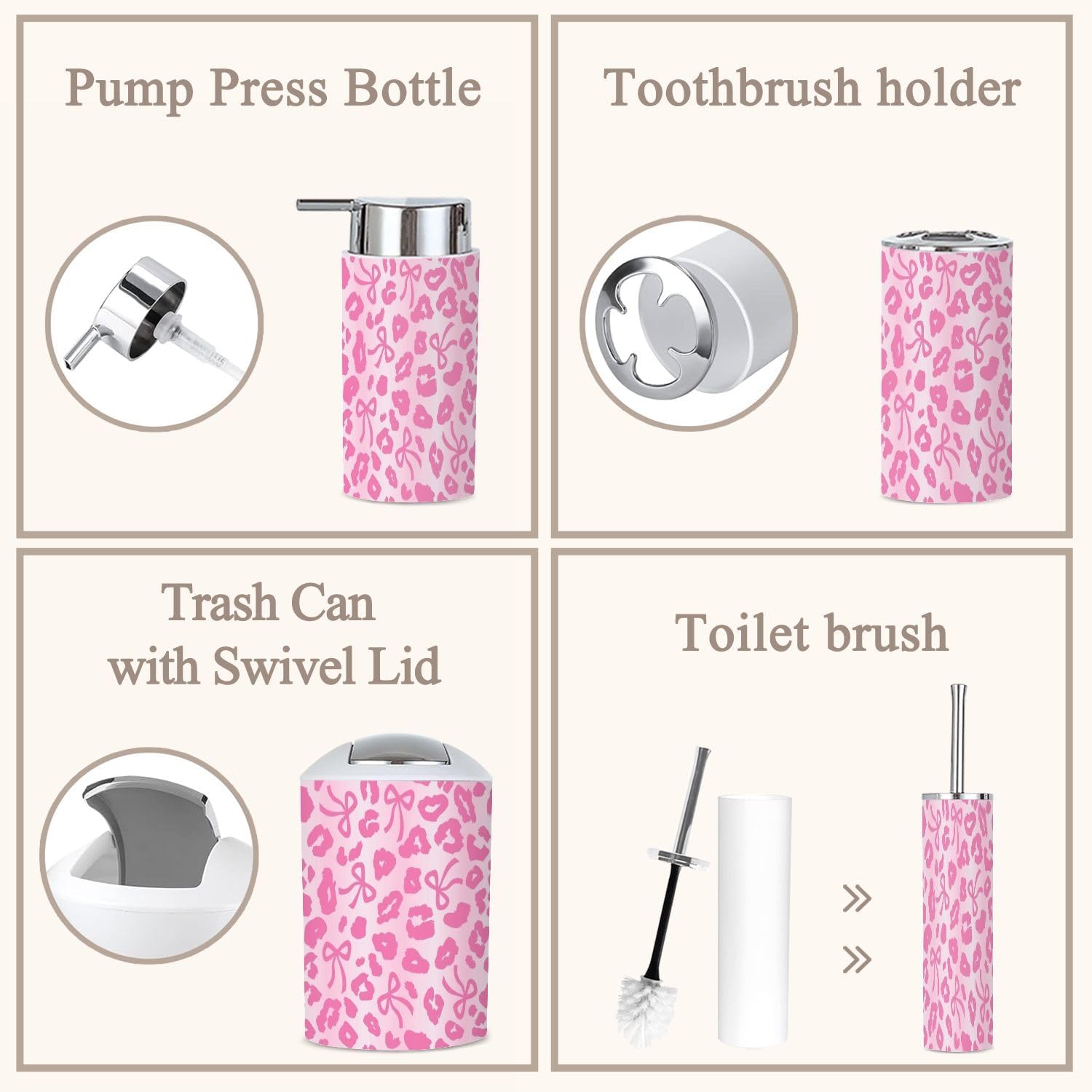 6 Piece Bathroom Accessories Set with Ombre Leopard Print Bow