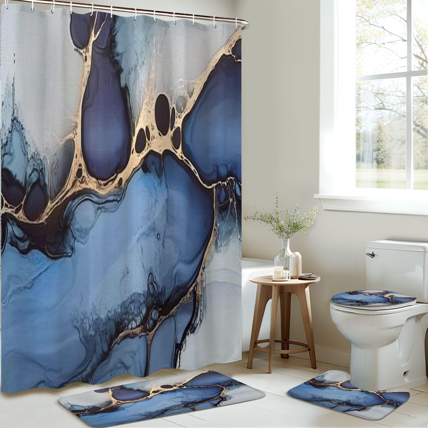 4 Piece Shower Curtain Set with Rugs Mats and Foamy Sprays Pattern