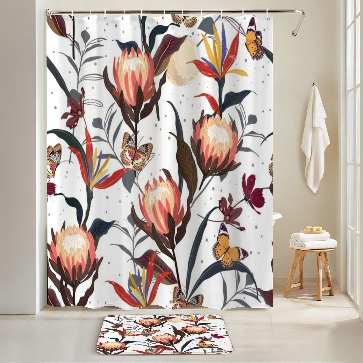 4-Piece Shower Curtain Set with Retro Pattern