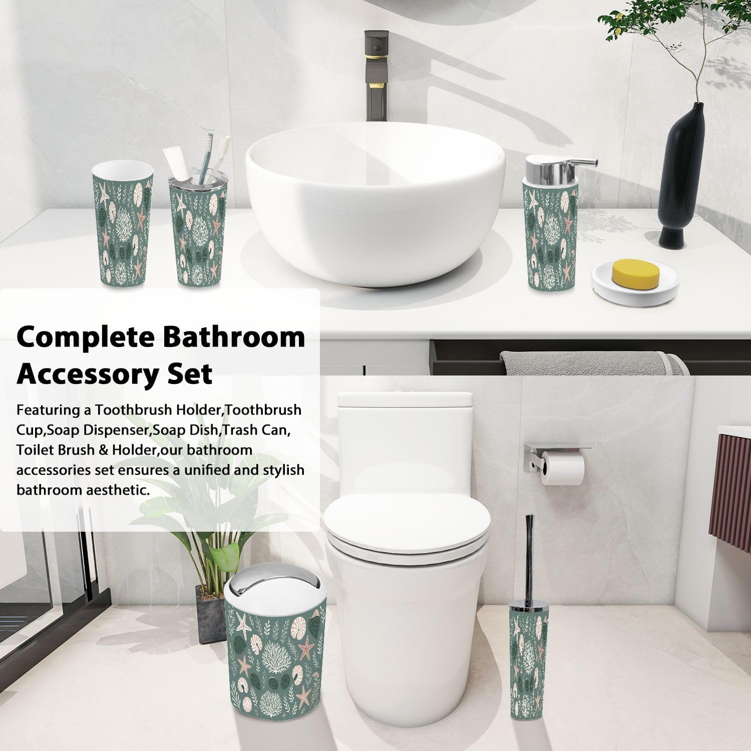 Boho Bathroom Accessory Set 6 Piece Modern Marine Life Design