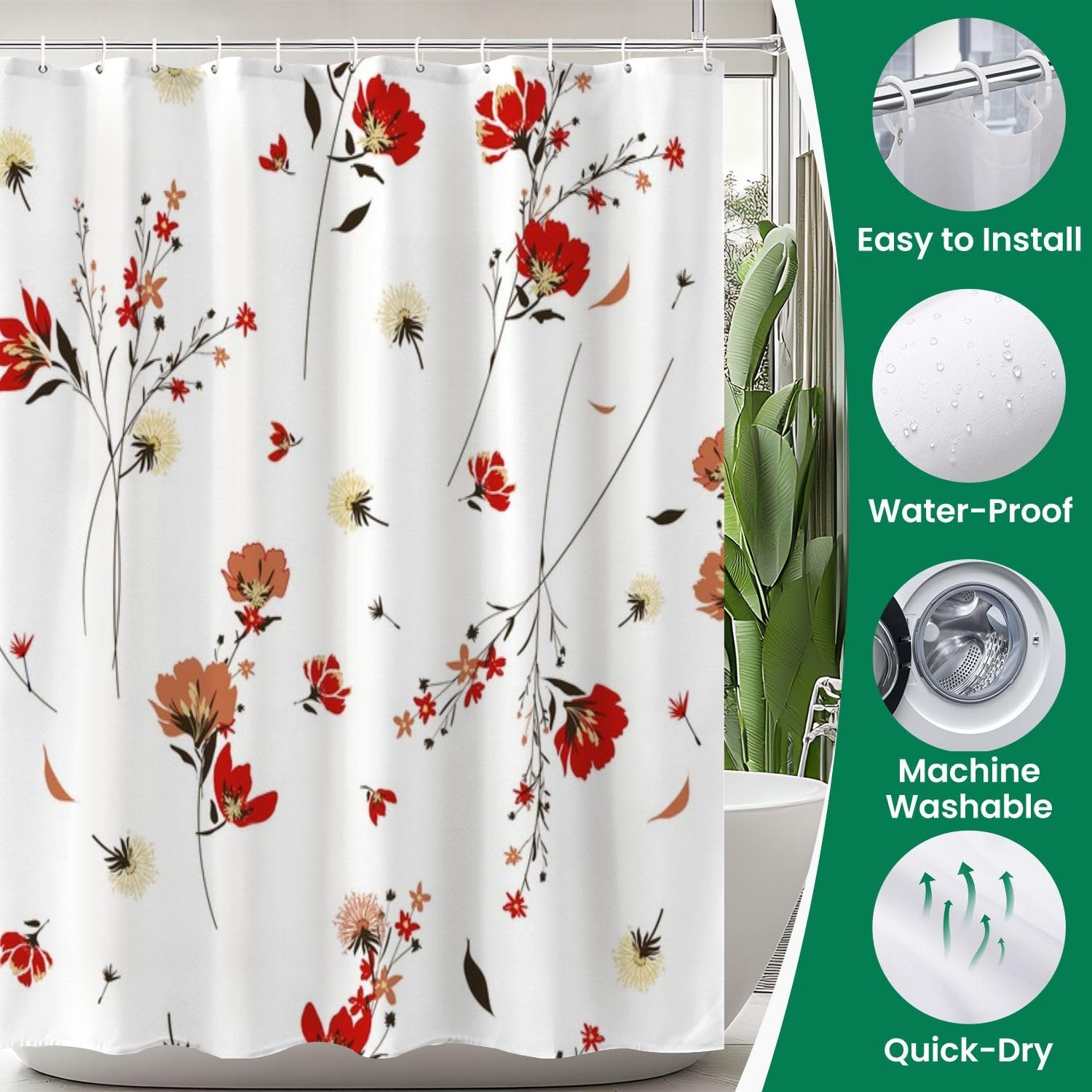 4-Piece Shower Curtain Set with Retro Wild Flowers Pattern