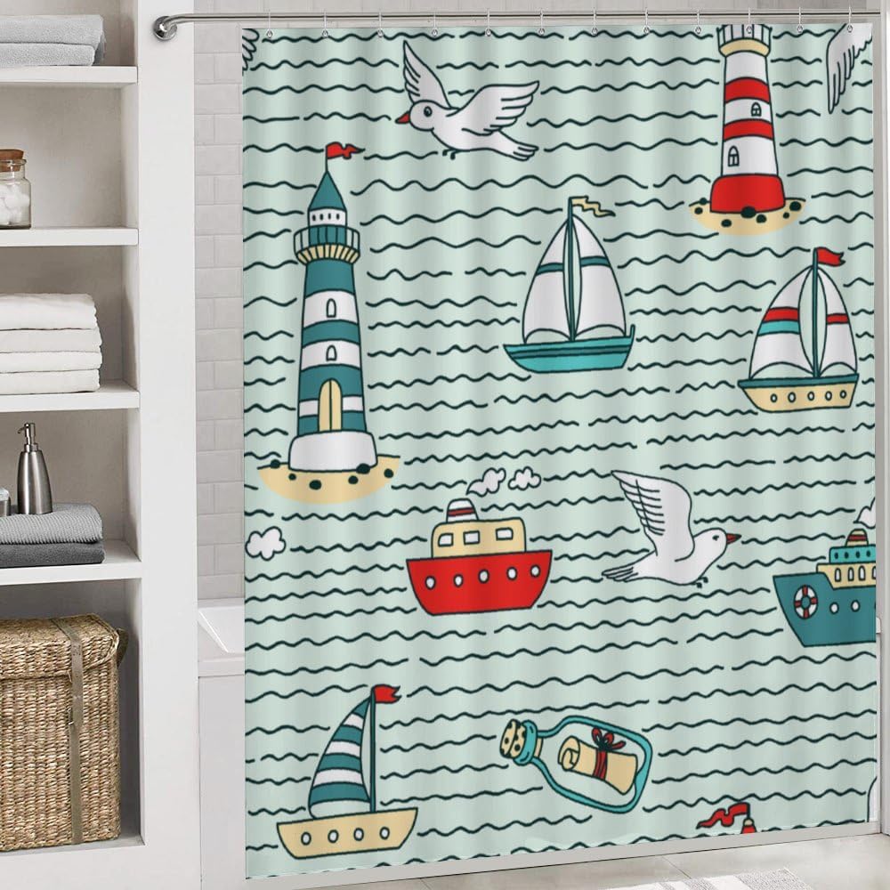 Kuizee 4-Piece Shower Curtain Set with Non-Slip Rugs and Lighthouses Design