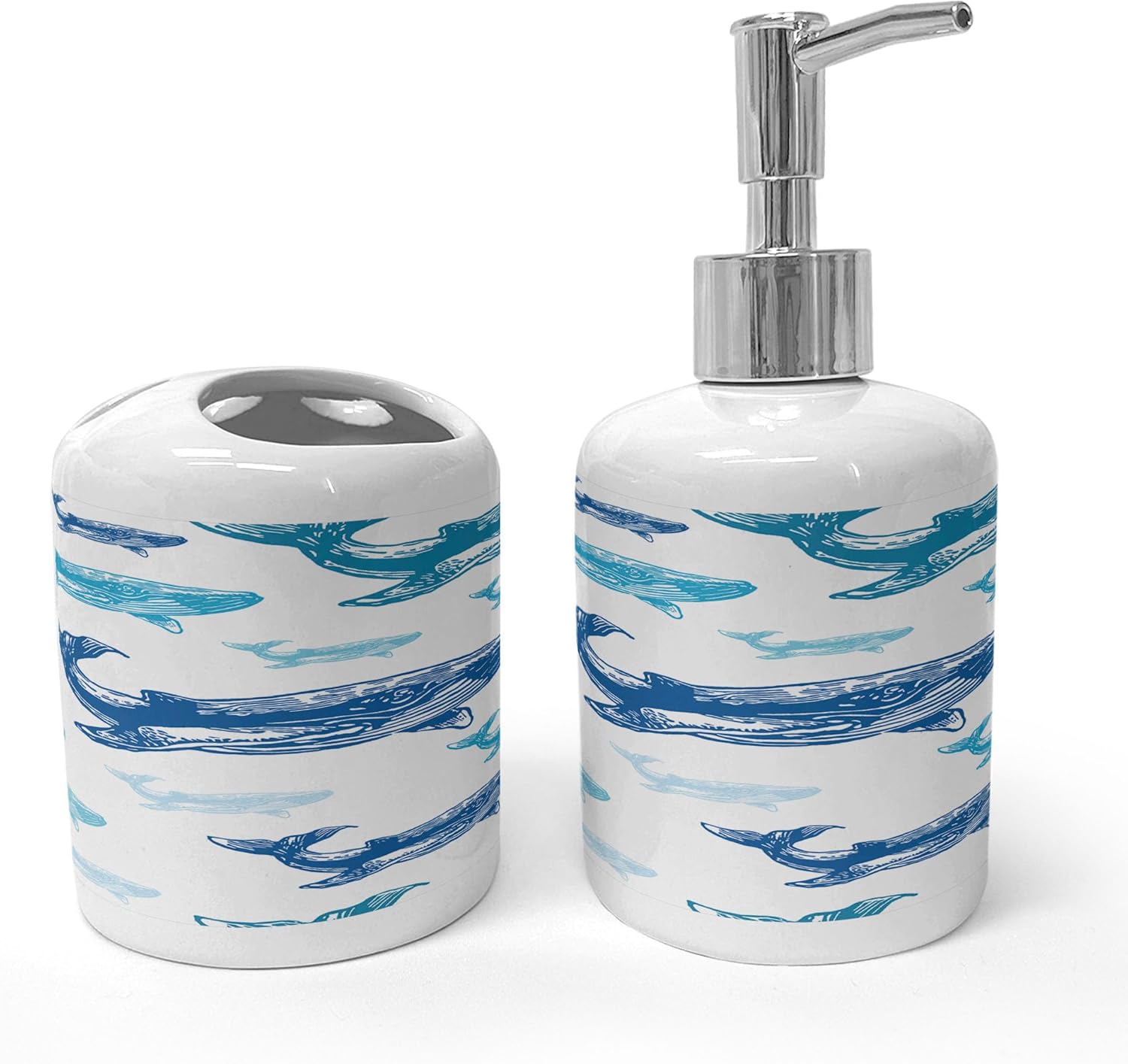 Ambesonne Blue White Sea Animals Soap Dispenser Toothbrush Holder Set