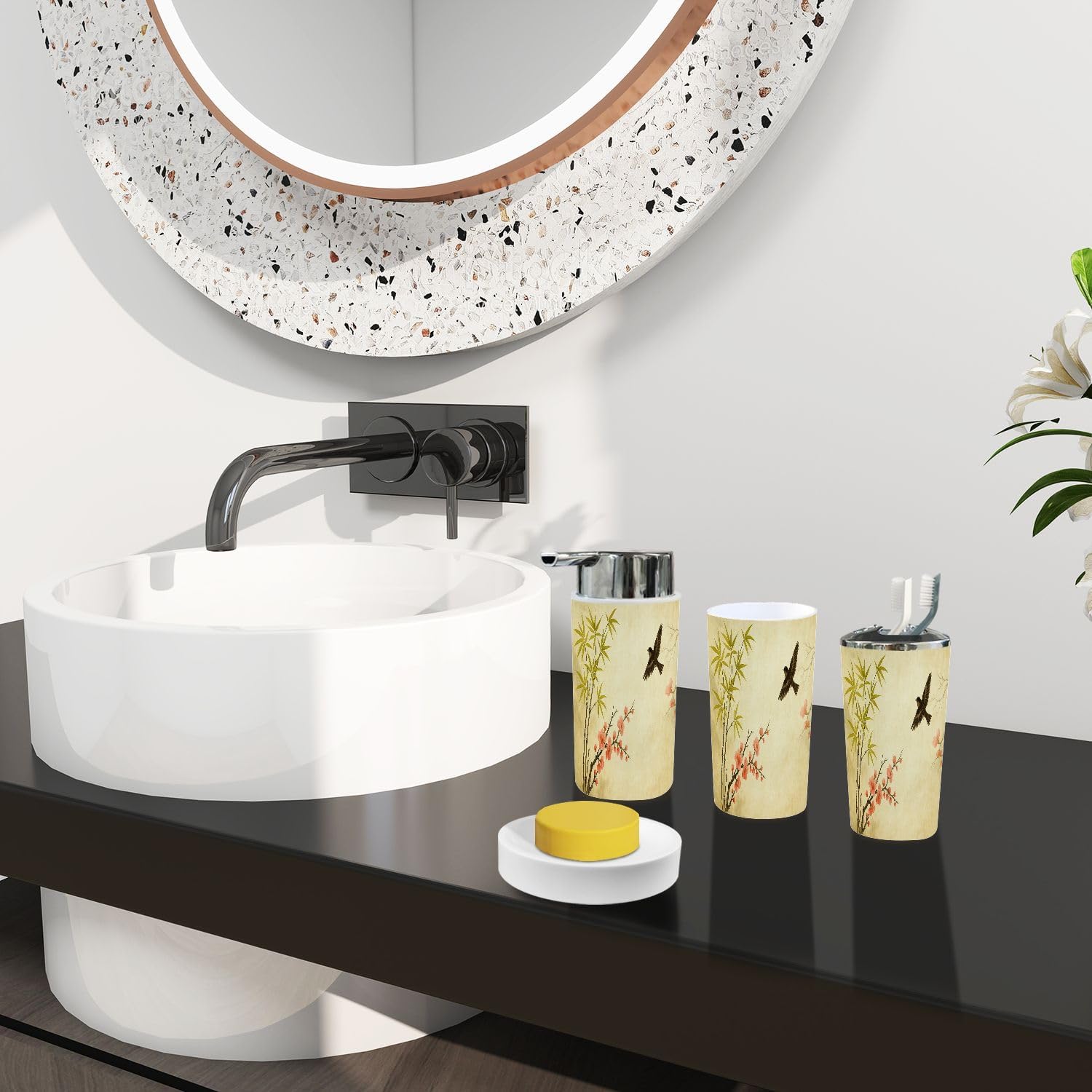 Boho Bathroom Accessory Set 6 Piece Bamboo Style