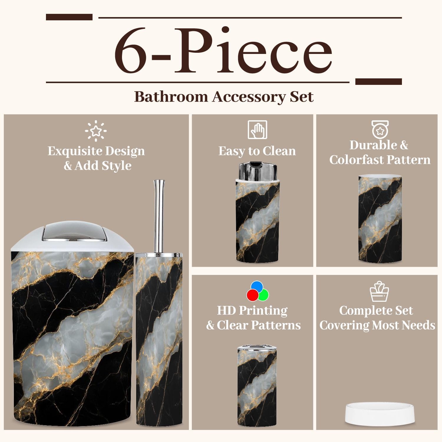 6 Piece Bathroom Accessories Set with Golden Veins Marble Design
