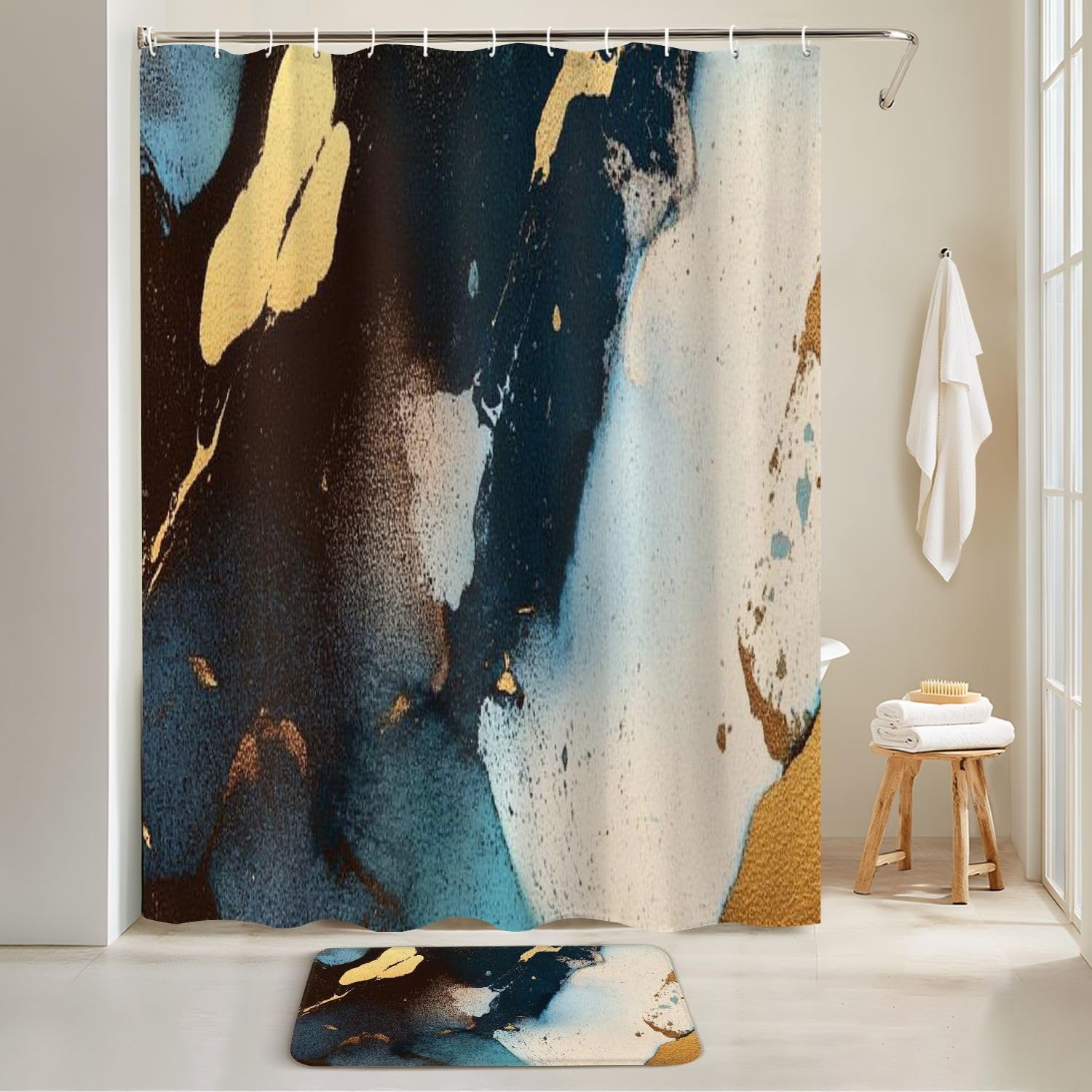 4 Piece Luxury Shower Curtain Set with Rugs and Mats