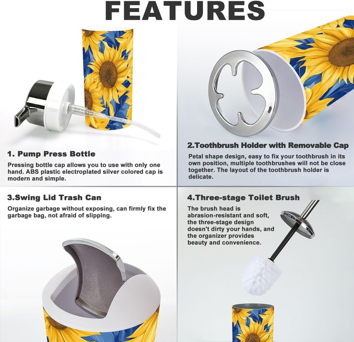 Bathroom Accessories Set 6 Pcs with Sunflowers Pattern