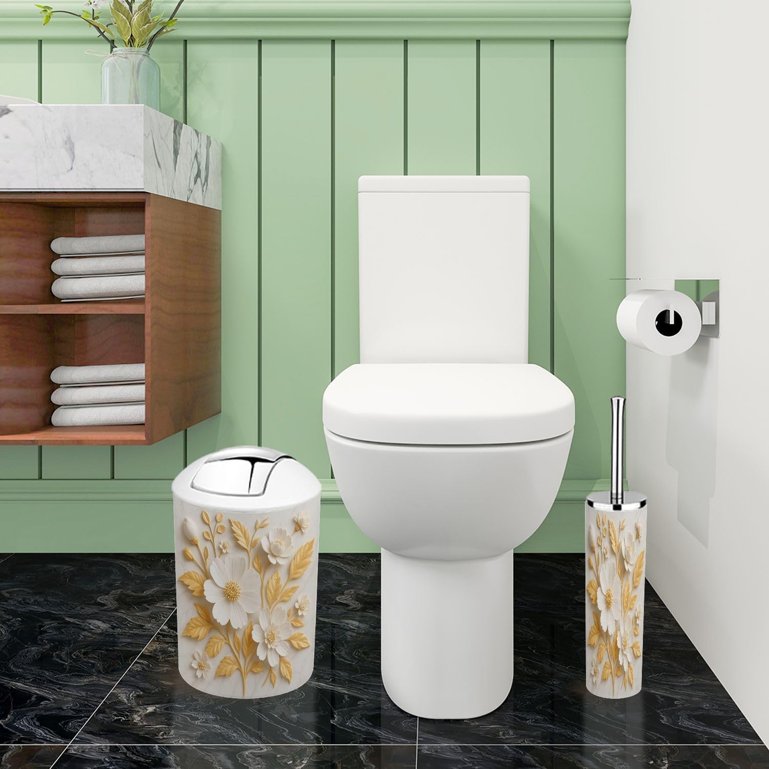 Boho White Gold 3D Flowers Bathroom Accessory Set 6 Piece