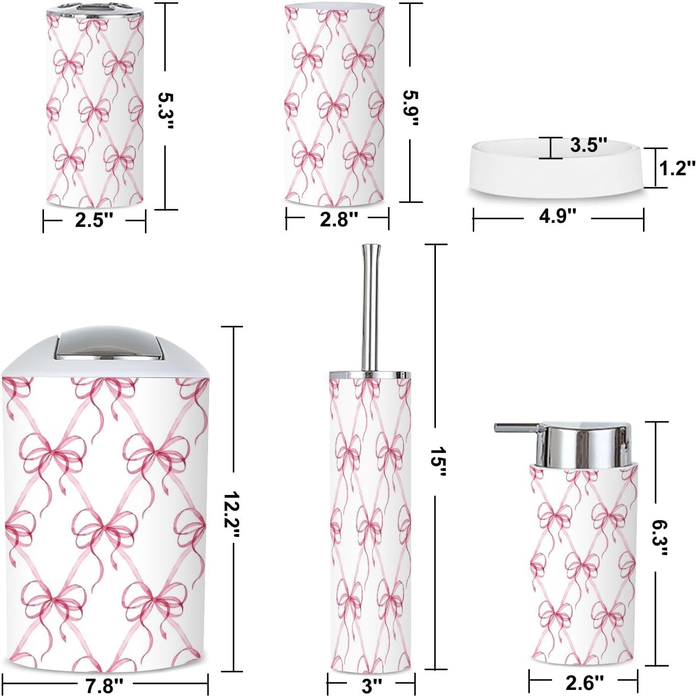 6 Piece Bathroom Accessories Set with Pink Ribbons