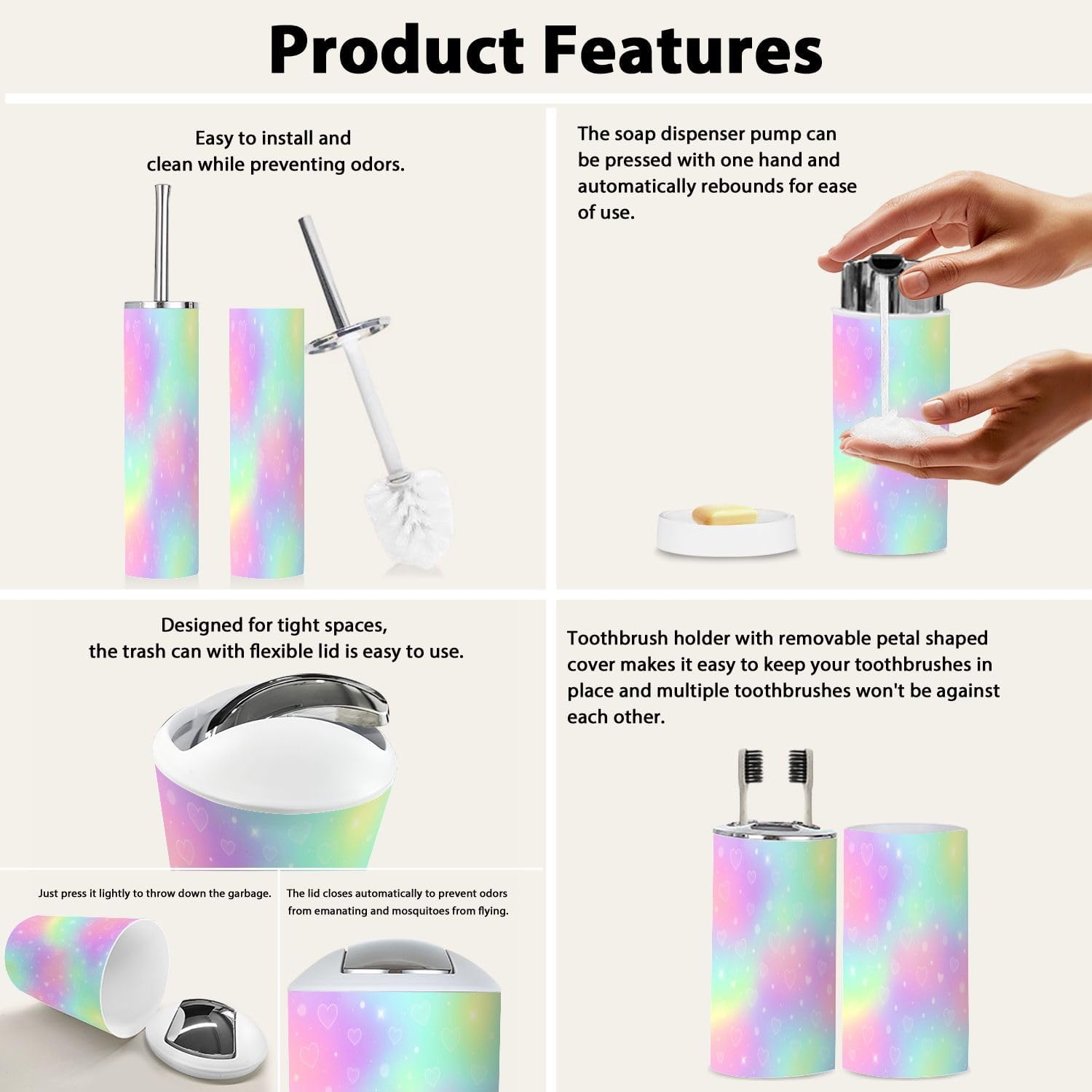 Boho Rainbow Holographic Bathroom Accessory Set 6 Piece