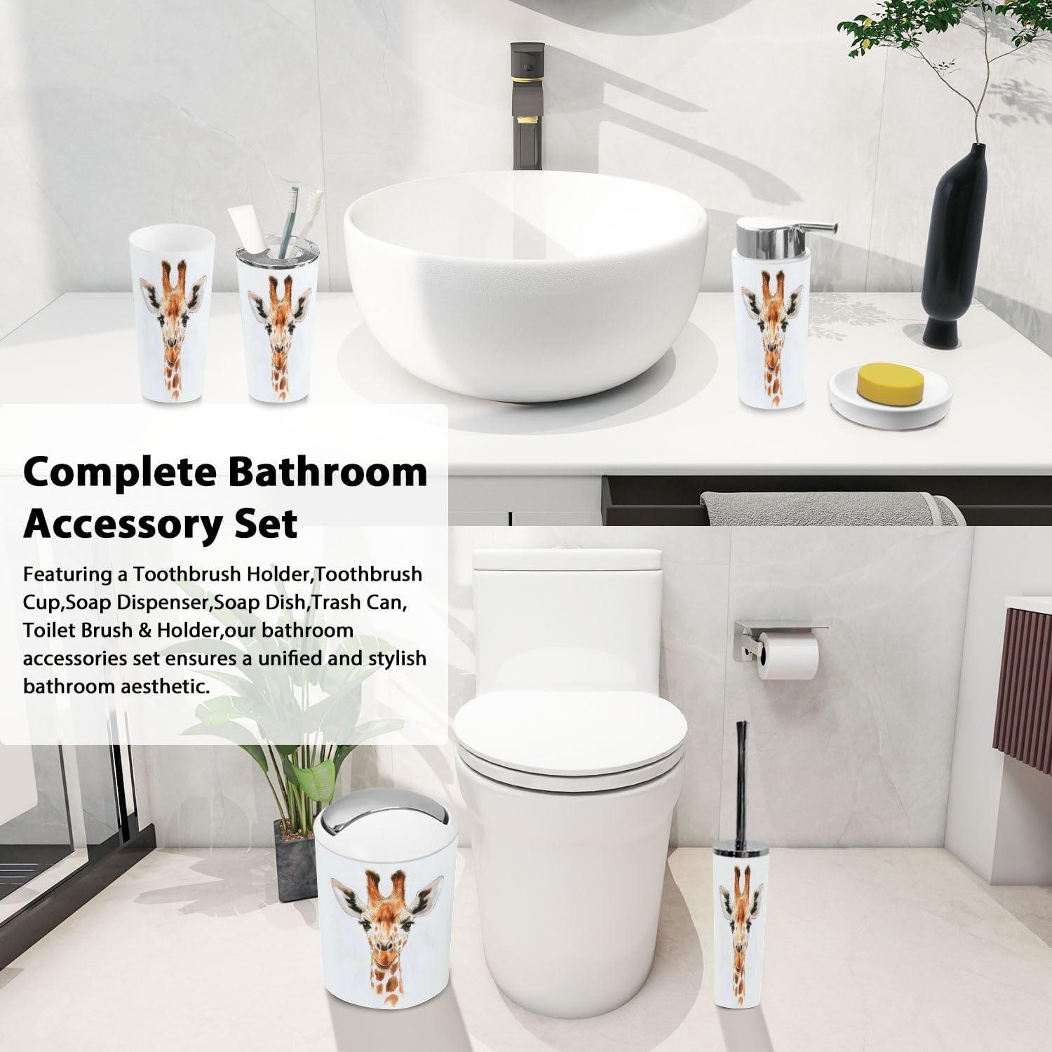 Boho Giraffe Bathroom Accessory Set 6 Piece