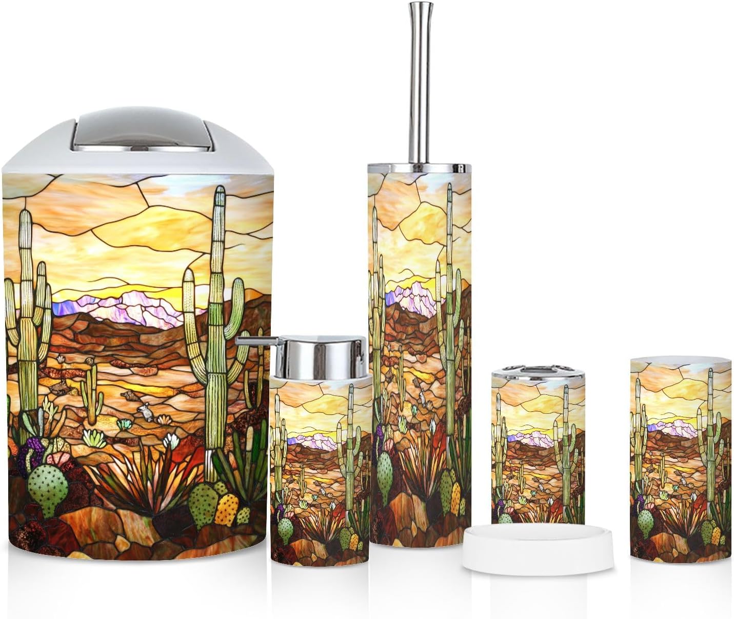 6 Piece Bathroom Accessories Set with Desert Cacti Stained Glass Design