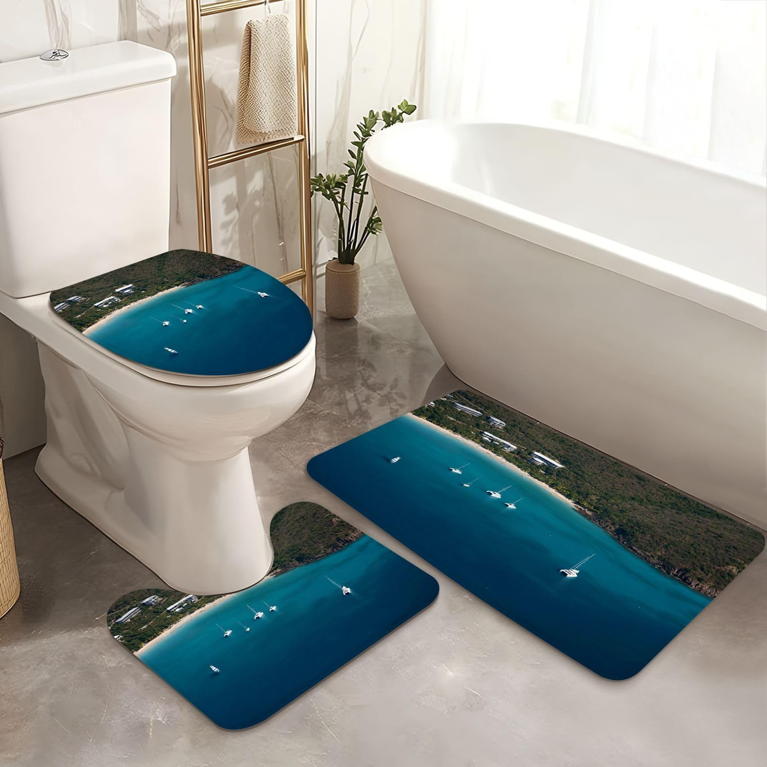 4 Piece Shower Curtain Set with Non-Slip Mats 1