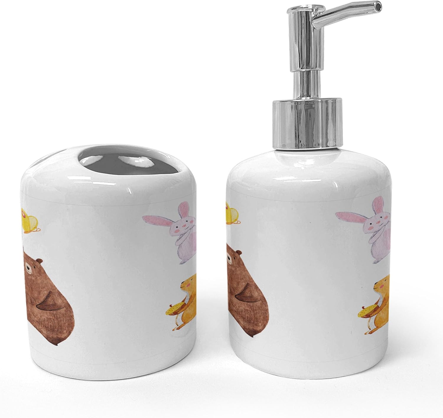 Ambesonne Animals Soap Dispenser Toothbrush Holder Set Ceramic 2 Pcs